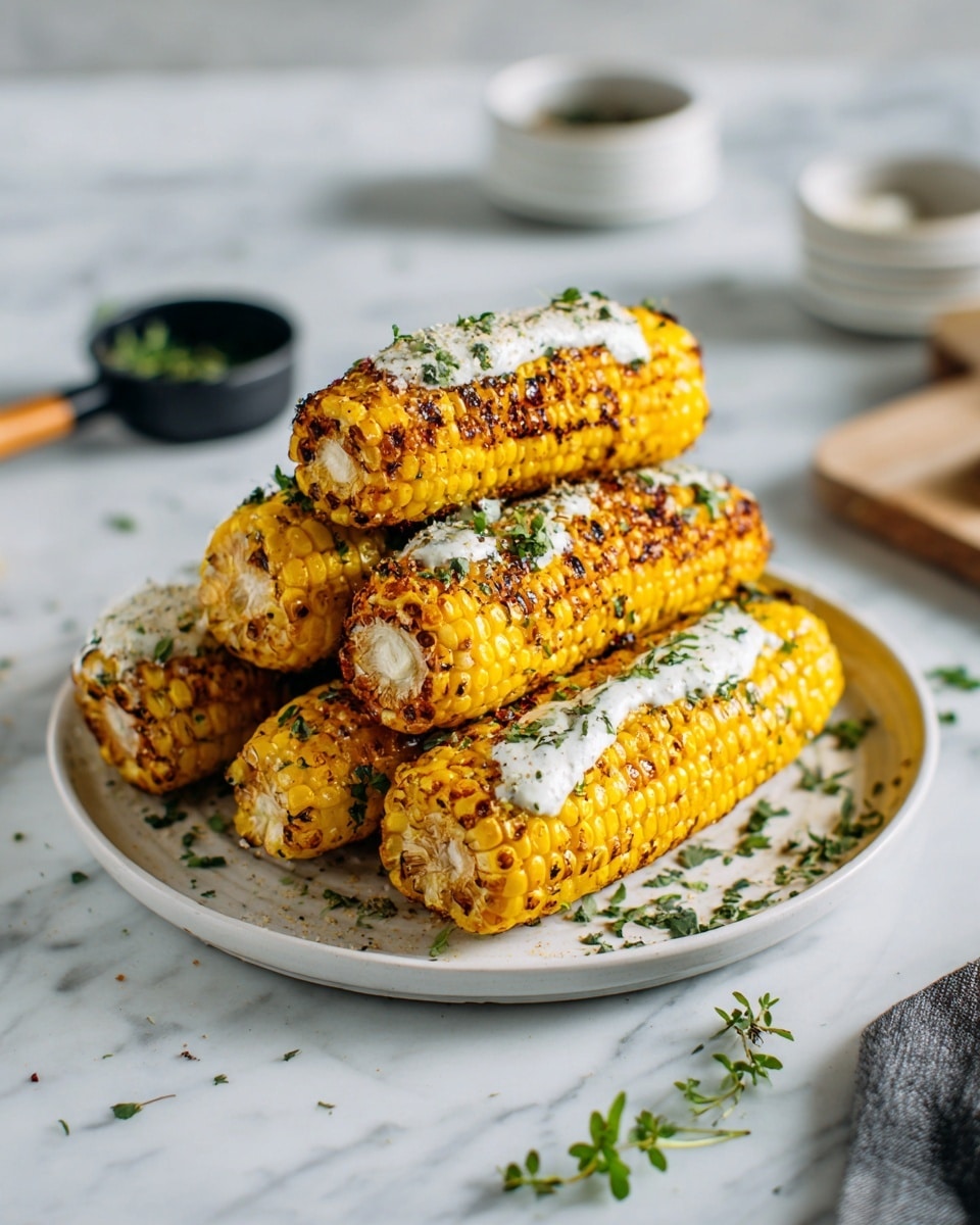 The image shows a white plate with nine yellow corn cobs placed in two layers. The bottom layer has five corn cobs lying side by side, while the top layer has four corn cobs stacked unevenly. Each corn cob has a slightly charred, roasted look with bits of green herbs sprinkled on top. Some corn cobs have a light spread of a creamy white sauce, and small green leaves are scattered across the dish. The plate is set on a white marbled surface, and in the background, there are small white bowls and a black measuring cup blurred out. Photo taken with an iphone --ar 4:5 --v 7