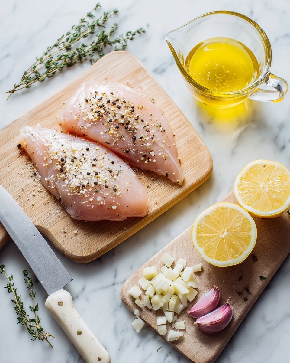 The image shows two raw chicken fillets sprinkled with coarse salt and cracked black pepper on a light brown wooden cutting board placed on a white marbled surface. To the right, there is a clear glass measuring cup filled with yellow melted butter, and next to it are two halves of a squeezed lemon with a pale yellow color. Below, on another light brown wooden cutting board, there are small chopped pieces of white garlic and light purple shallots next to a knife with a white blade and wooden handle. Fresh green thyme sprigs lie on the left side of the board. The scene is bright and clean. photo taken with an iphone --ar 4:5 --v 7