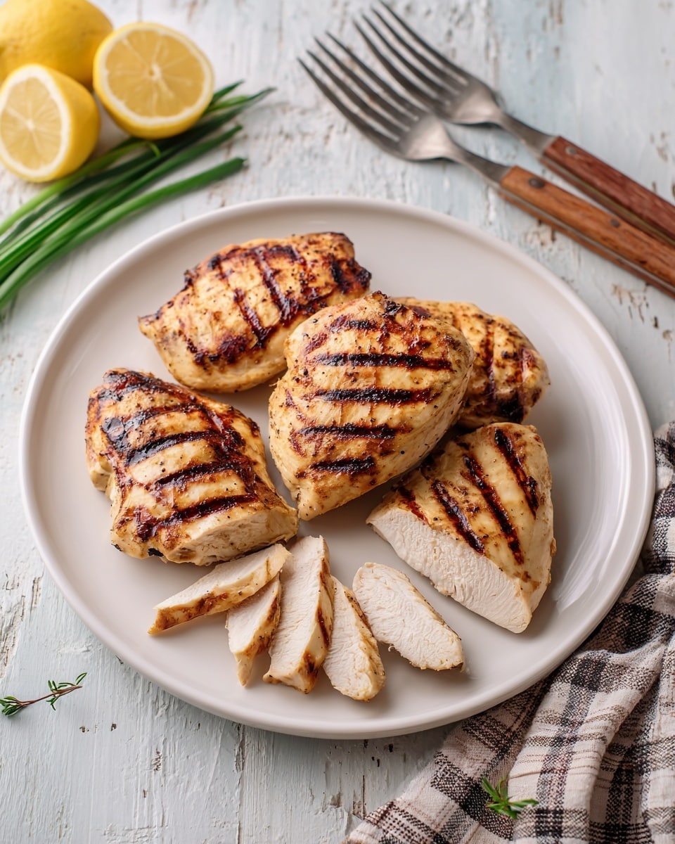 A white round plate holds five grilled pieces of chicken with clear dark grill lines on each piece, showing a light brown cooked texture and slight charring. One piece is sliced into three parts, laying at the front of the plate, revealing a white inside. The plate is placed on a white marbled surface with a light blue, rustic wooden texture in the background. Around the plate, there are two half lemons on the top left, a green onion on the far left, and a set of cutlery with wooden handles wrapped in a plaid cloth on the right side photo taken with an iphone --ar 4:5 --v 7