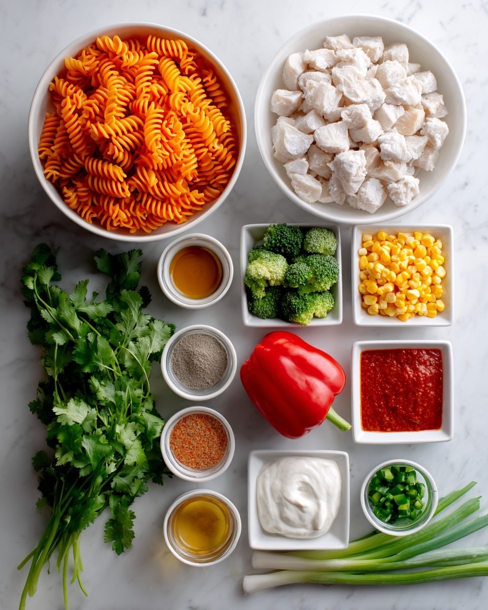 The image shows a white marbled surface with multiple white bowls and small white dishes arranged neatly. One large bowl at the top center is filled with diced white meat pieces. Below it to the left, a large white bowl holds spiral-shaped orange pasta. Next to the pasta is a whole red bell pepper resting on the surface. Around these central items are smaller bowls: shredded orange carrots, yellow corn kernels, finely chopped green broccoli, a white creamy sauce, and a bright red sauce. Several small white square dishes hold various powders, seasonings, and a golden liquid. To the left of all the bowls, there is a bunch of fresh green cilantro, and to the right, three green onions lie on the surface. The whole setup is simple and clean with fresh ingredients displayed clearly, photo taken with an iphone --ar 4:5 --v 7
