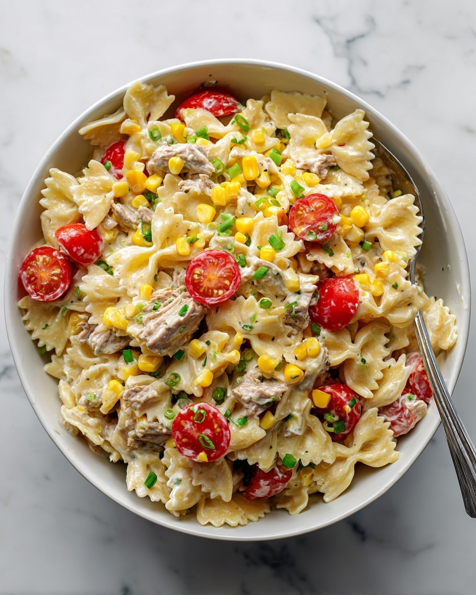 The image shows a white bowl filled with a creamy pasta salad on a white marbled surface. The dish has several layers visible: small bow-tie pasta pieces that are light beige and soft, mixed evenly with bright yellow corn kernels scattered throughout. There are chunks of light brown shredded meat mixed in, along with halved red cherry tomatoes spread across the top. Small bits of green onion slices are sprinkled over everything, adding a fresh touch of green. A silver spoon rests inside the bowl picking through the salad, and a woman's hand is partially seen holding the bowl. The creamy sauce lightly coats all the ingredients, giving a smooth texture to the dish. Photo taken with an iphone --ar 4:5 --v 7