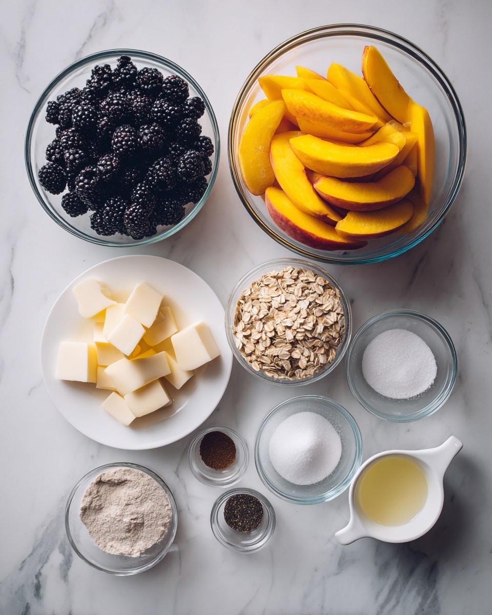 The image shows several bowls and measuring cups arranged on a white marbled surface. In the top right is a large clear glass bowl filled with sliced bright orange-yellow peaches. Below it, to the left, is another large clear glass bowl with shiny black blackberries. Above the blackberries is a small white plate with many small cubes of pale yellow butter. Next to it is a small clear bowl containing dry, light brown oats. To the right of the oats is a small clear bowl of white sugar. Above the sugar are three tiny clear bowls, one with salt, and two with brown and dark spices. In the center bottom are two white measuring cups with light brown sugar and white flour. To their right is a very small clear bowl with a pale yellow liquid. The whole set is neatly laid out on the white marbled surface. Photo taken with an iphone --ar 4:5 --v 7