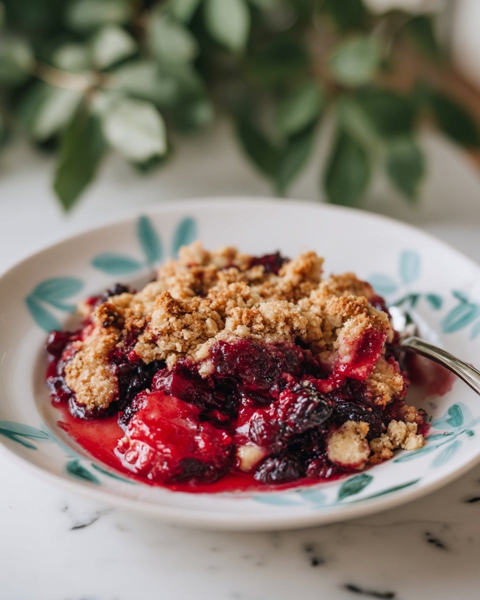 A close-up of a white plate with a light blue and green leaf pattern, filled with a deep red and purple mixed berry crumble. The crumble has a rough, chunky golden-brown topping with visible pieces of baked oats and sugar, covering the thick, juicy berry filling underneath. The berries appear soft and slightly shiny, with some juice pooling around the edges. The plate sits on a white marbled surface with green foliage blurred in the background. photo taken with an iphone --ar 4:5 --v 7