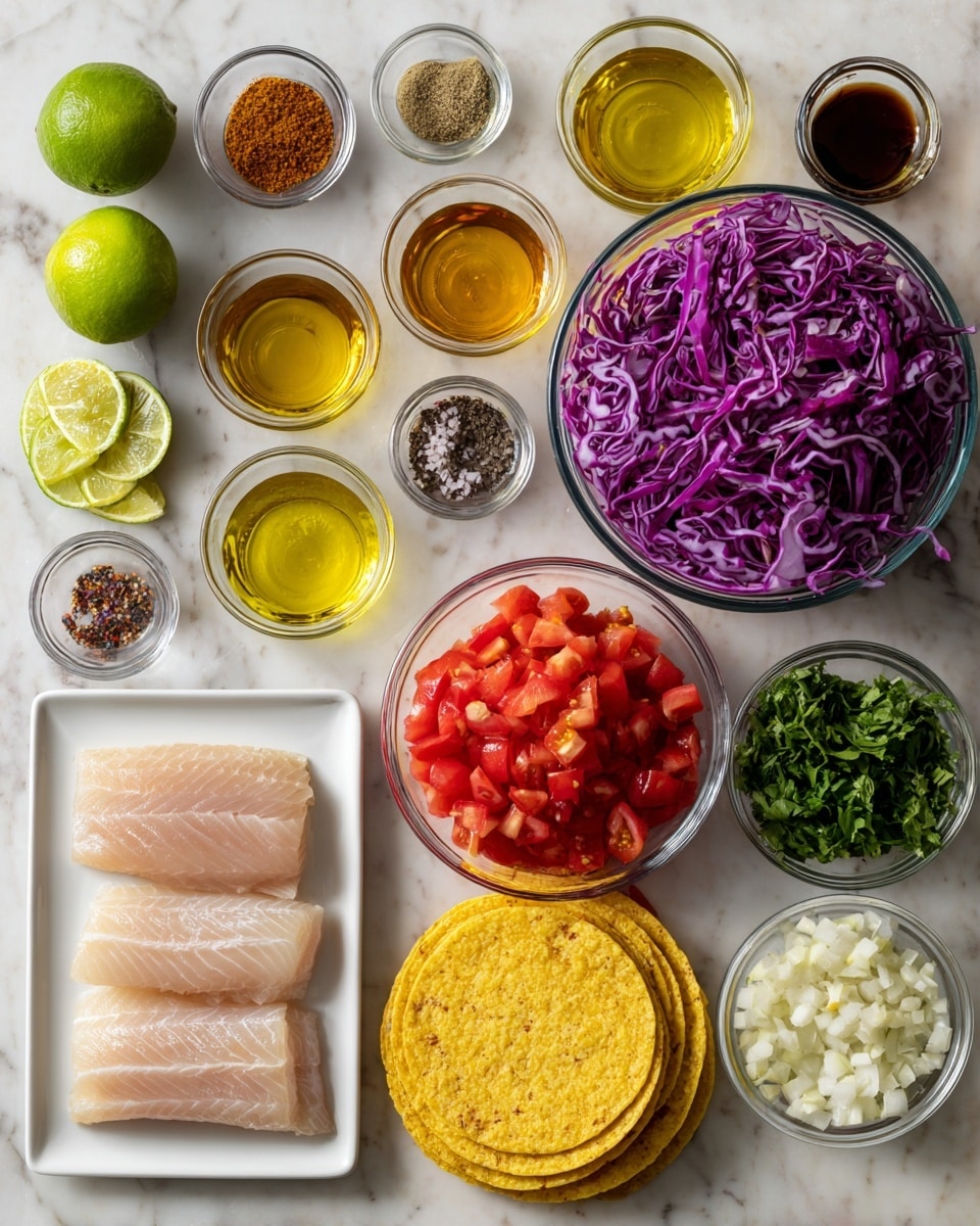 The image shows an array of taco ingredients neatly arranged on a white marbled surface. Starting from the top left, there are green lime wedges and a whole lime, followed by small glass bowls with various brown spices, golden olive oil, and light yellow and orange liquids in clear measuring cups. To the right, a large glass bowl is filled with shredded purple cabbage, with another glass bowl below it holding finely chopped red tomatoes. At the bottom left, a white rectangular plate holds three fillets of light pink fish. Next to it, a stack of yellow corn tortillas lies also on the white marbled surface. Nearby are small glass containers with minced garlic, a dark reddish sauce, black pepper, fresh green herbs, and a bowl of thick white sauce. Each ingredient is clearly visible, with vivid colors and textures standing out against the smooth, white marble background. photo taken with an iphone --ar 4:5 --v 7