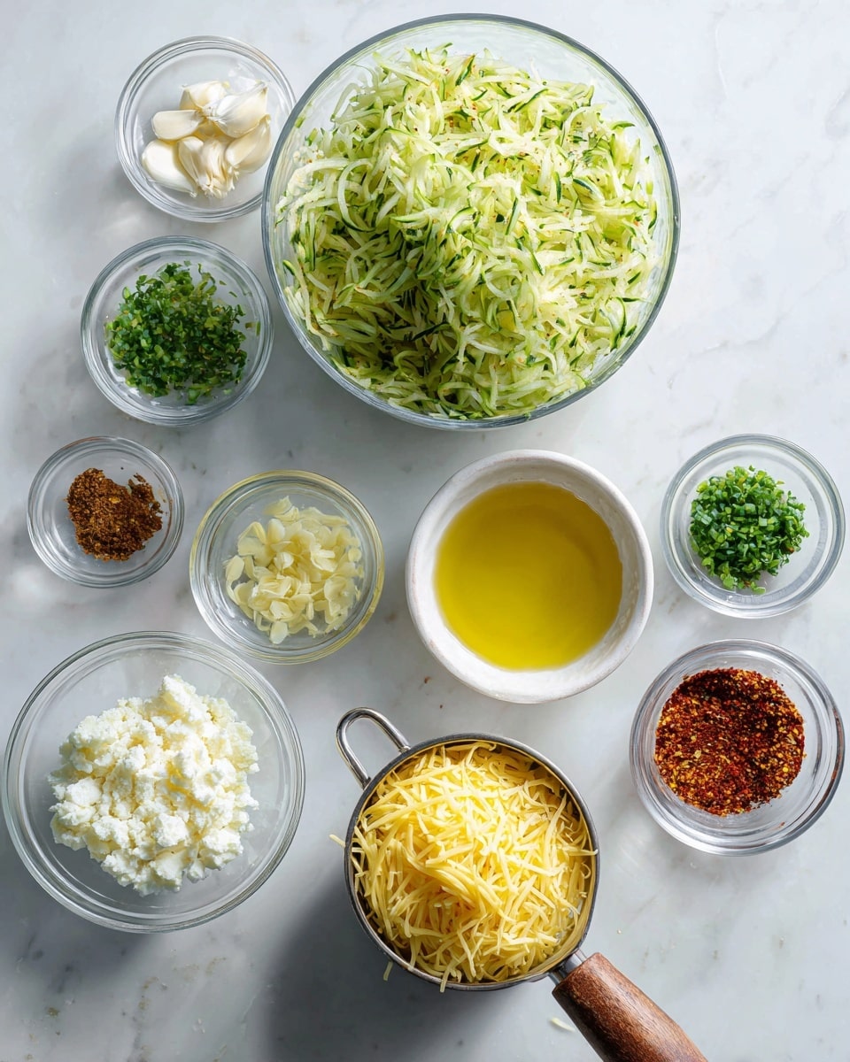 A white marbled surface holds multiple small clear glass bowls arranged neatly. The largest bowl, positioned top left, is filled with shredded green zucchini mixed with some white. Below it, a small white bowl contains a yellow liquid, likely oil. To the bottom right of the oil bowl, a small metal measuring cup is full of yellow shredded cheese, with a brown wooden handle visible. To the left of the oil bowl and nearer the edge, a small clear glass bowl is filled with a white crumbly substance. Surrounding these bowls are several other small clear bowls holding various powders and chopped green herbs, including garlic pieces and red seasoning. The scene is bright and crisp, showing a clean and organized arrangement of fresh ingredients. Photo taken with an iphone --ar 4:5 --v 7