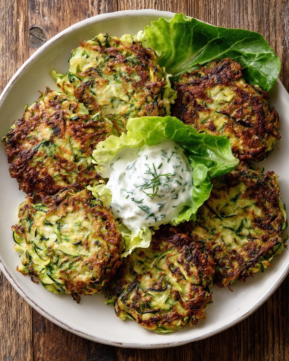 The image shows five golden brown zucchini fritters arranged in a circle on a white plate, placed on a wooden surface. The fritters have a crispy texture with visible green zucchini strands and browned edges. In the center of the plate, there is a fresh green lettuce leaf holding a dollop of white sauce with green herbs mixed in. The overall look is warm and inviting, with the fritters showing a mix of light green and dark golden tones. photo taken with an iphone --ar 4:5 --v 7