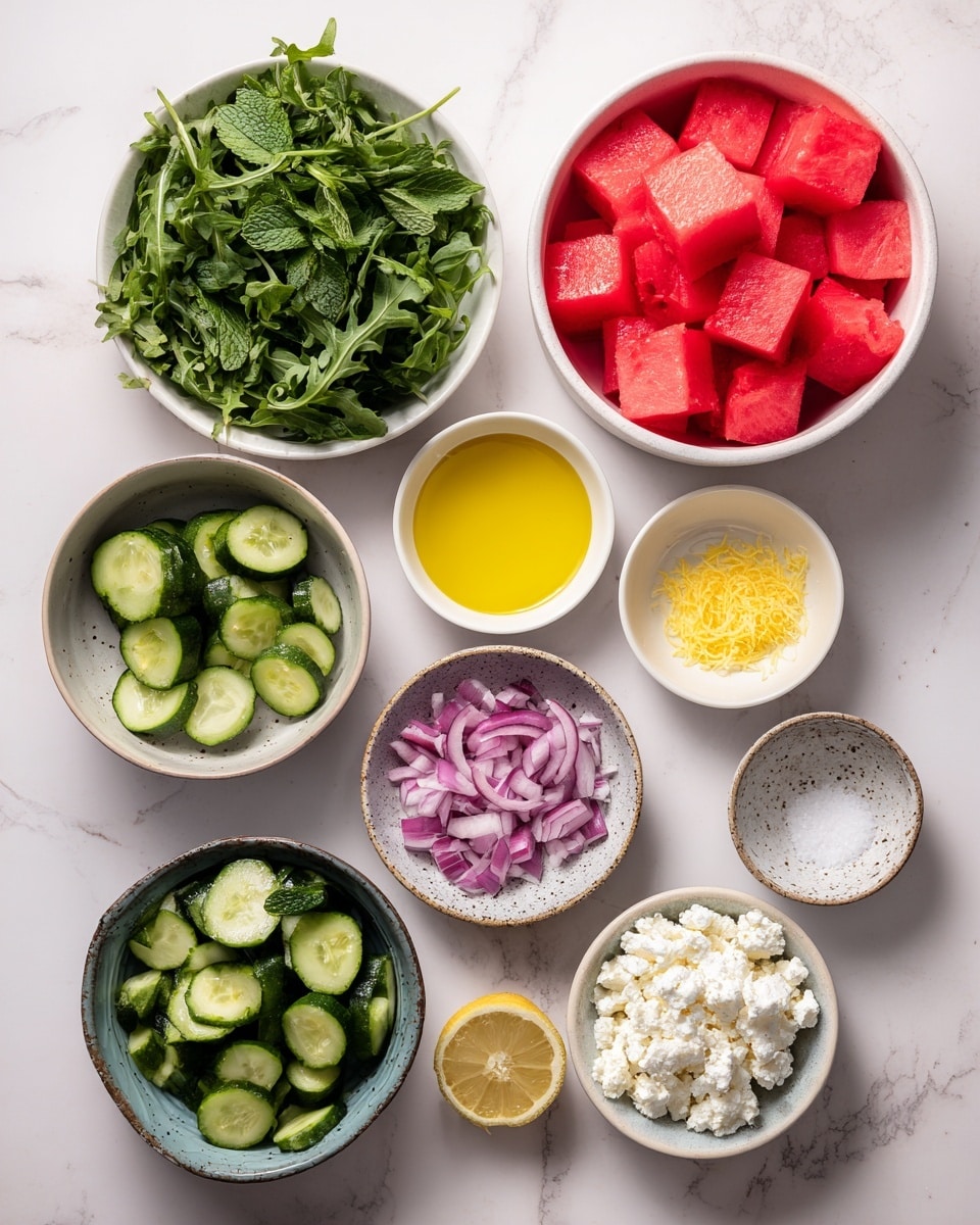 The image shows nine white bowls arranged neatly on a white marbled surface. At the top right, one bowl is filled with bright red watermelon cubes. To the left of it, a small bowl holds fresh, green mint leaves. Below the watermelon, a bowl contains olive oil, golden yellow in color, and next to it is a smaller bowl with lemon zest. There is a bowl with creamy white crumbled cheese at the bottom right. On the left side, a medium bowl is filled with dark green arugula leaves. Above the arugula is a bowl of cucumber slices, light green with dark green edges. A smaller bowl holds finely chopped red onions, light purple in color. Two small bowls contain a clear liquid, likely lemon juice, and white salt in a speckled bowl. The overall arrangement creates a clean and fresh look. photo taken with an iphone --ar 4:5 --v 7