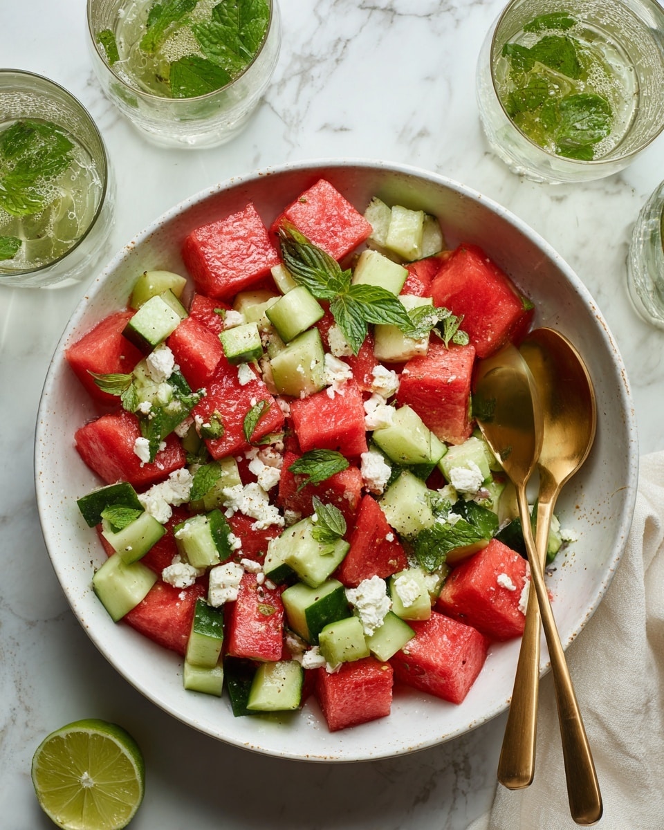 The image shows a white round bowl filled with a colorful salad. The salad has three main layers: large bright red watermelon chunks, green cucumber cubes with some skin still on, and small white pieces of crumbly cheese scattered throughout. Fresh green mint leaves and basil leaves are mixed in, adding small pops of color on top. Two shiny gold spoons rest inside the bowl on the right side, giving the scene an elegant touch. Around the bowl, there are clear glasses with a green drink and mint leaves visible inside, all placed on a white marbled surface. A sliced lime half is also visible near the edge of the frame. photo taken with an iphone --ar 4:5 --v 7