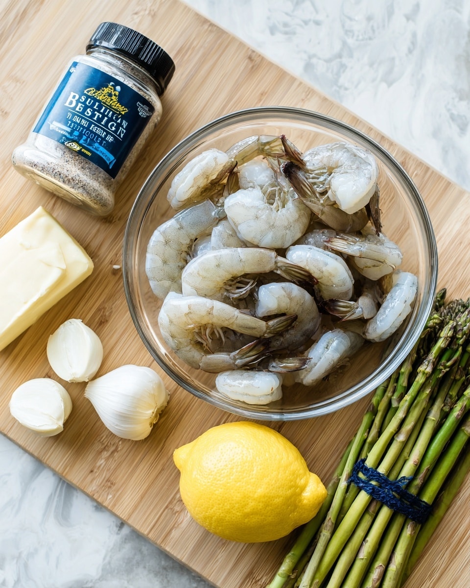 A clear glass bowl filled with raw shrimp, pale gray with translucent white tones and brown tails, sits on a light wooden surface. To the left is a white spice jar with a dark blue label marked