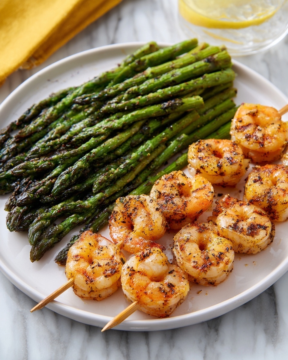 The image shows a white plate with two main parts: on one side, there are grilled green asparagus stalks stacked in a neat row, showing some char marks and a slightly shiny texture, while on the other side, there are two wooden skewers full of grilled orange shrimp, with light brown grill marks and seasoning visible on their surface. The plate sits on a white marbled surface, and in the background, part of a clear glass and a yellow napkin are slightly blurred. Photo taken with an iphone --ar 4:5 --v 7