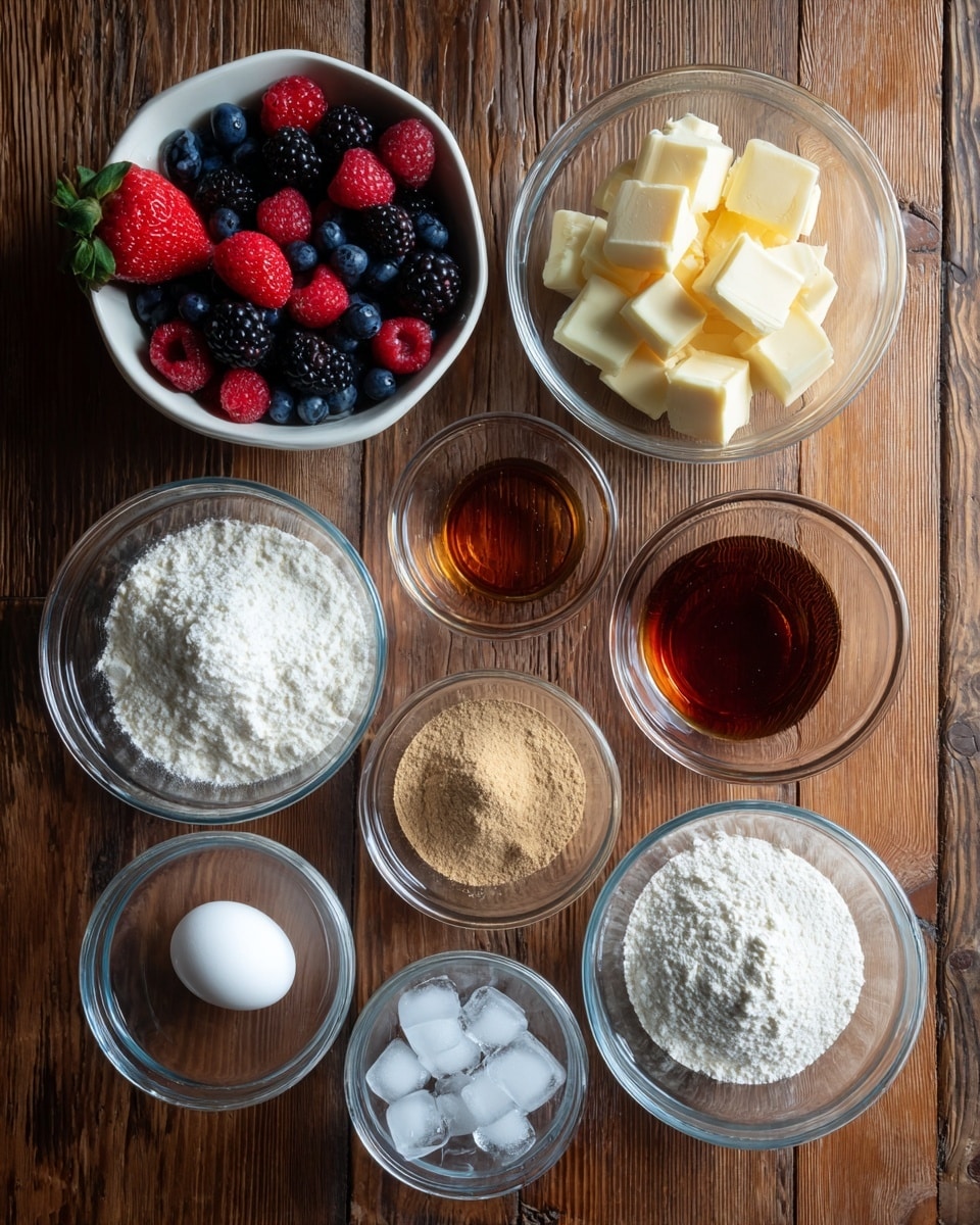 The image shows a collection of clear glass bowls and one white bowl filled with various ingredients arranged neatly on a wooden surface. In the top left, a white bowl contains fresh berries like strawberries, raspberries, blackberries, and blueberries. To its right, there is a small glass bowl filled with cubed butter, next to a small bowl with a dark amber liquid, likely vanilla or syrup. Below these are five smaller clear bowls with different ingredients: sugar, brown sugar, flour, baking powder, and powdered sugar. At the bottom left corner, a white egg sits beside a glass bowl of ice cubes and a small bowl of water. The white marbled texture surface is not visible due to the wooden background in the original image but should be imagined as the background for the new image. photo taken with an iphone --ar 4:5 --v 7