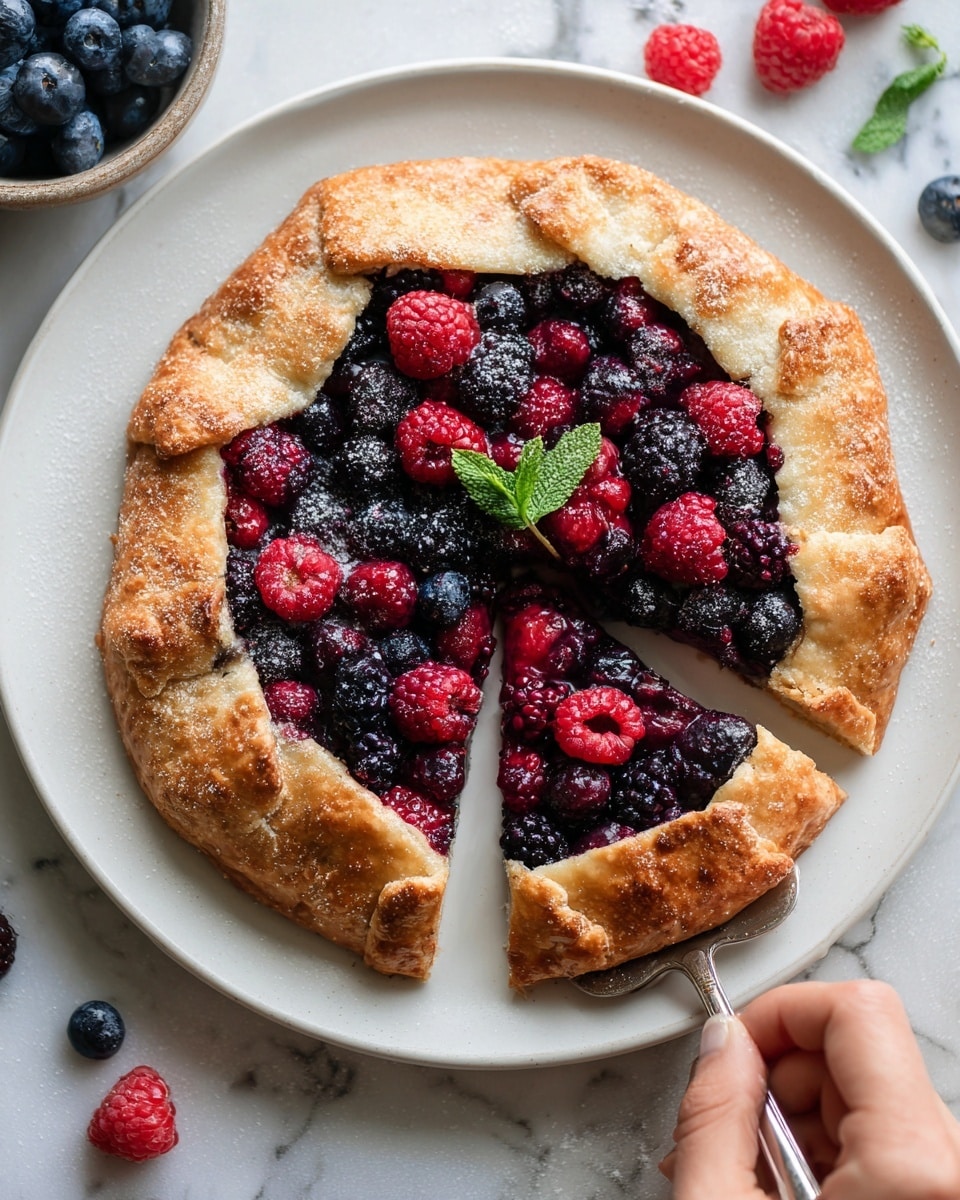 The image shows a round fruit galette on a white plate, placed on a white marbled surface. The galette has a golden-brown crust folded over the edges, crinkled and textured with a slightly rough look. The filling is made of mixed berries including dark purple blueberries, deep red raspberries, and blackberries, which fill the center fully and appear juicy and fresh. One slice is cut and slightly pulled out, showing a glistening inside with the berries tightly packed. There is a small green sprig of mint on top near the crust, adding a touch of color contrast. A silver pie server holds the slice beside the galette, and a woman's hand is not present but would be near if placing or removing the slice. The background has a few scattered blueberries and raspberries, and a bowl with more berries is partially visible. photo taken with an iphone --ar 4:5 --v 7