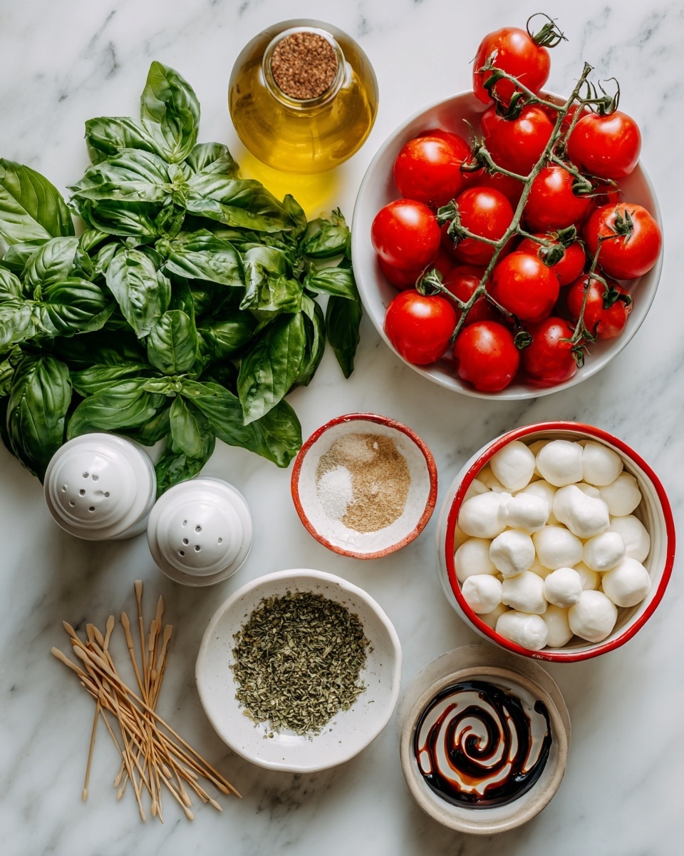 The image shows fresh ingredients laid out on a white marbled surface. There is a large bunch of green basil leaves at the bottom left, and a cluster of bright red cherry tomatoes still on the vine to the right. Below the tomatoes, there is a white bowl filled with small white mozzarella balls. To the right of the tomatoes is a small white plate with a dark balsamic glaze swirl. Above the tomatoes, two small white bowls with red rims contain beige seasoning powders. Next to these, a small white triangular plate holds dried green herbs. A glass bottle filled with golden olive oil is at the top left, and two white salt and pepper shakers stand side by side near the top center. Some wooden cocktail picks are arranged diagonally near the center. The overall look is fresh and colorful, with each item clearly visible and well spread out. photo taken with an iphone --ar 4:5 --v 7