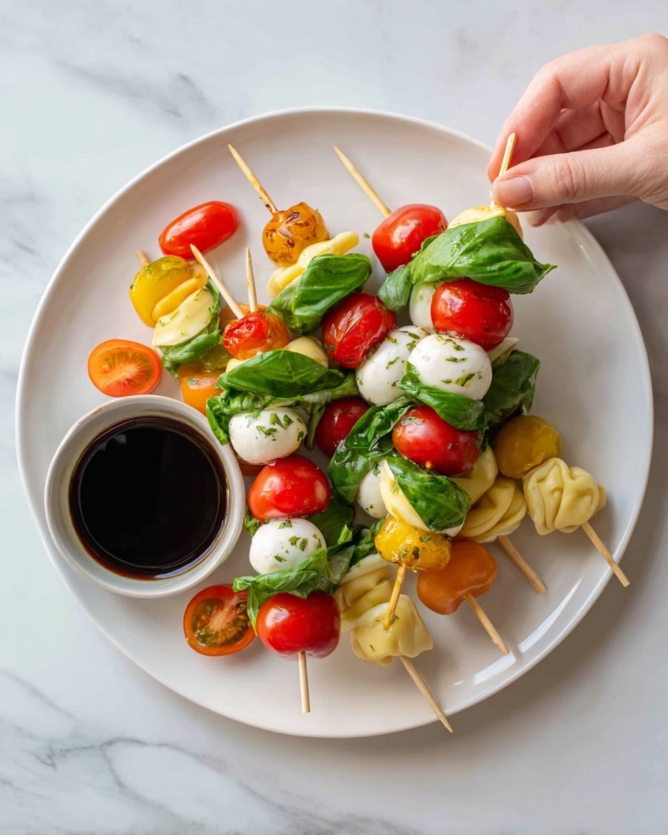 A round white plate on a white marbled surface holds several small skewers. Each skewer has four layers: a fresh green basil leaf at the top, followed by a bright red grape tomato, then a smooth white mozzarella ball, and a yellowish tortellini pasta at the bottom. The colors create a fresh and vibrant look with green, red, white, and light yellow alternating on each skewer. Around the plate, a few loose grape tomatoes and a small bowl of dark dipping sauce are visible. A woman's hand is reaching from the top left corner, holding one of the skewers. photo taken with an iphone --ar 4:5 --v 7