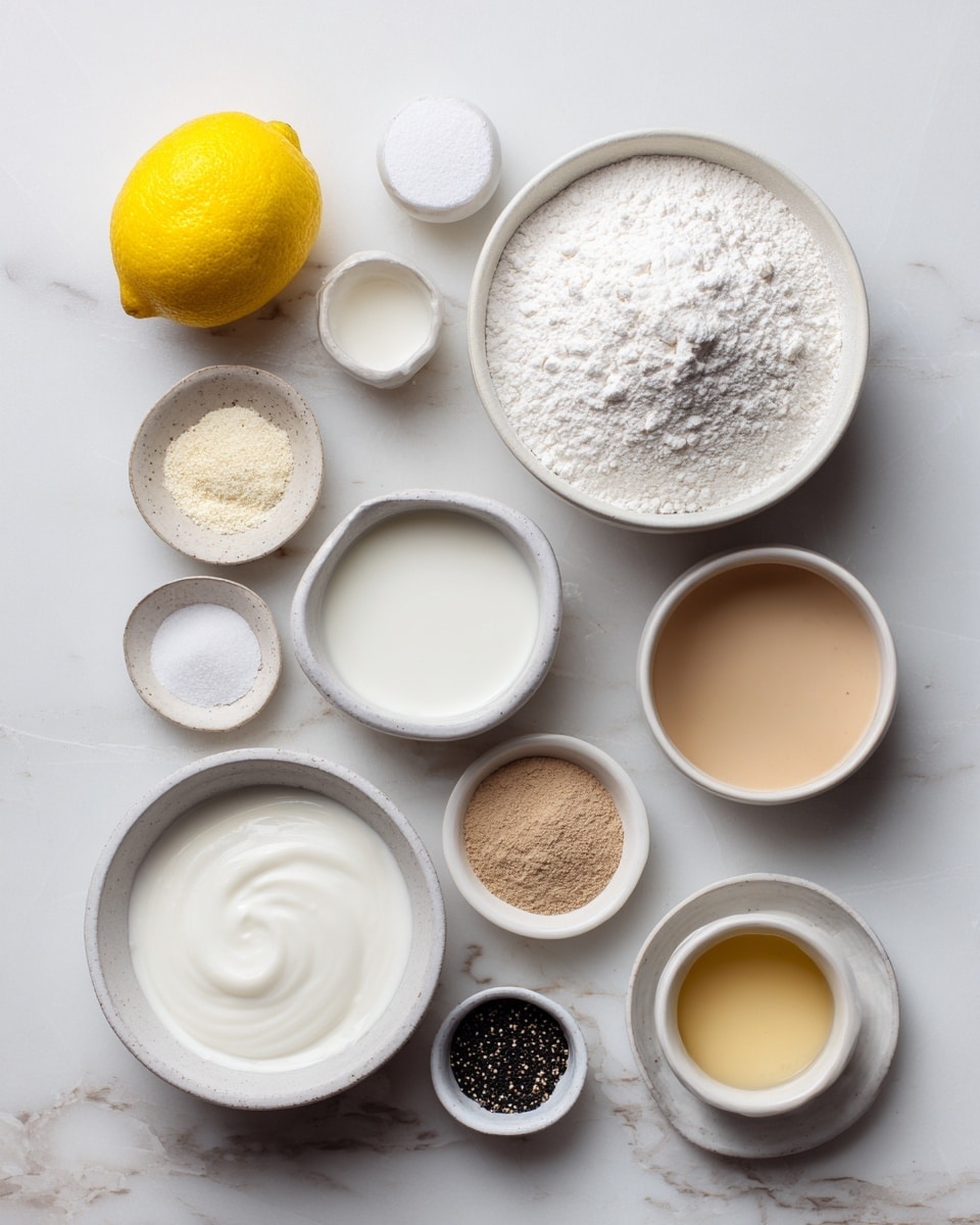 The image shows ten white bowls and one whole lemon arranged on a white marbled surface. The largest bowl near the top right is filled with white flour, and a slightly smaller bowl in the center holds white milk. At the bottom left, a medium bowl contains white yogurt or cream. Around these, smaller bowls hold various powders and liquids: a small bowl with white powder (likely baking powder), another with light brown powder, one with black seeds, a bowl with light brown liquid (possibly vanilla), a bowl with a light tan liquid, and a very small bowl with a white round tablet or scoop. The lemon is placed on the left side. The whole setup is neat, evenly spaced, and visually clean. Photo taken with an iphone --ar 4:5 --v 7