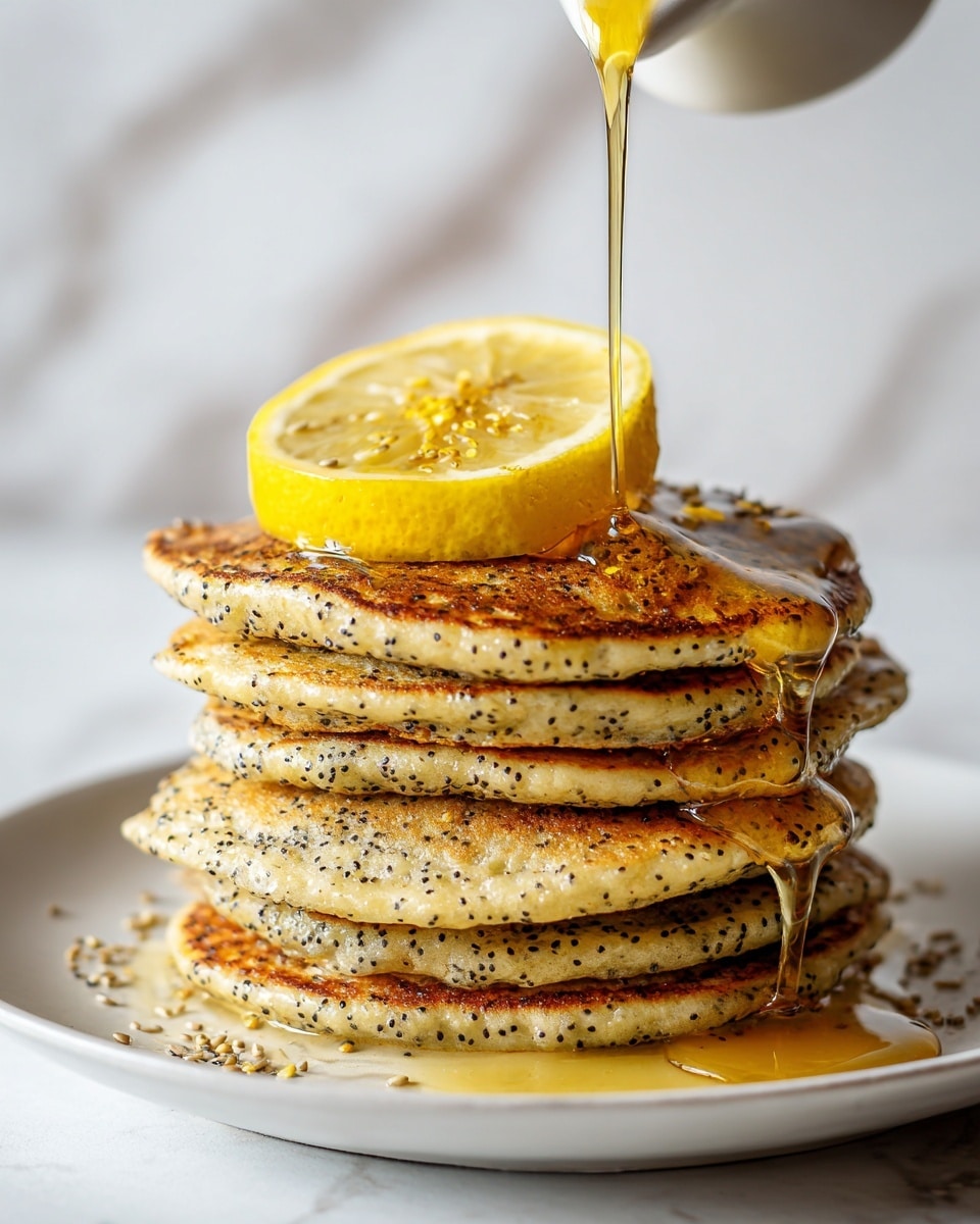 A stack of six light brown poppy seed pancakes with small black seeds is placed on a white round plate. On top of the stack, there is a bright yellow lemon slice. Golden syrup is being poured over the lemon slice, dripping down the sides of the pancakes. The background and surface are white with a soft marbled texture. photo taken with an iphone --ar 4:5 --v 7