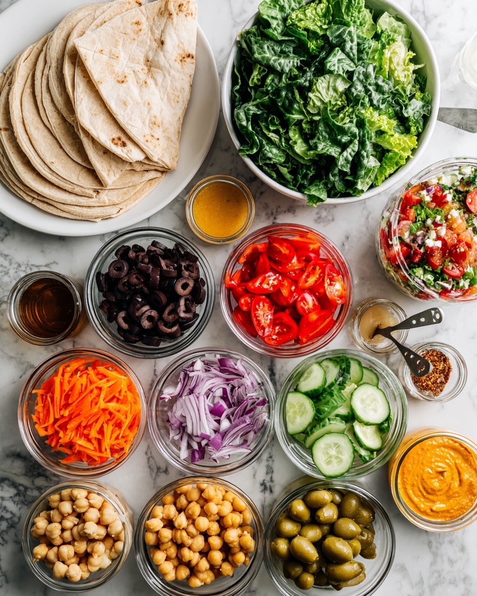 The image shows an arrangement of various fresh and colorful ingredients on a white marbled surface. On the left side, there is a white plate with folded light brown flatbreads stacked neatly. Next to it are two white bowls, one filled with dark green leafy salad and the other with bright green romaine lettuce. Several small clear glass jars and bowls are placed in rows across the surface, filled with vibrant vegetables and condiments: black olives, thinly sliced red onions, orange shredded carrots, diced red tomatoes, sliced red bell peppers, chopped cucumbers, chunky chickpeas, sun-dried tomatoes, and a green herb measuring spoon. On the right side are two small glass bowls with different creamy orange sauces, and two tiny glass jars with dark and light liquids. Everything is organized neatly, creating a clean and colorful spread. Photo taken with an iphone --ar 4:5 --v 7
