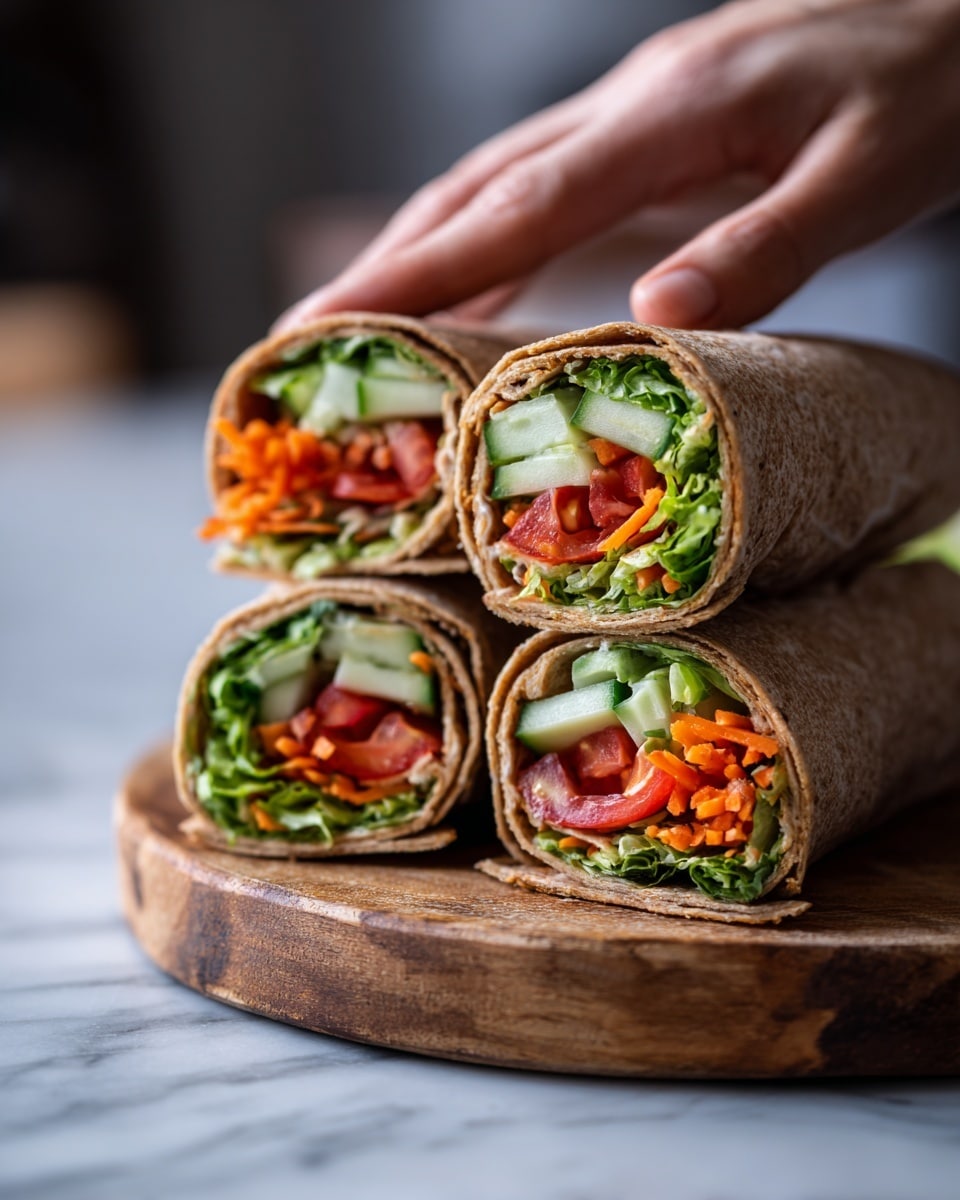 The image shows three whole wheat wraps cut in half and stacked on a round wooden board placed on a white marbled surface. Each wrap has four visible layers inside: a light green cucumber slice on top, followed by bright red tomato slices, orange shredded carrots underneath, and dark green leafy lettuce at the bottom. The wraps are slightly open, showing the fresh, colorful vegetables inside, with the textured whole wheat wrap encasing everything. A woman's hand is gently placing one wrap on the board, adding a natural, casual feel to the scene. Photo taken with an iphone --ar 4:5 --v 7