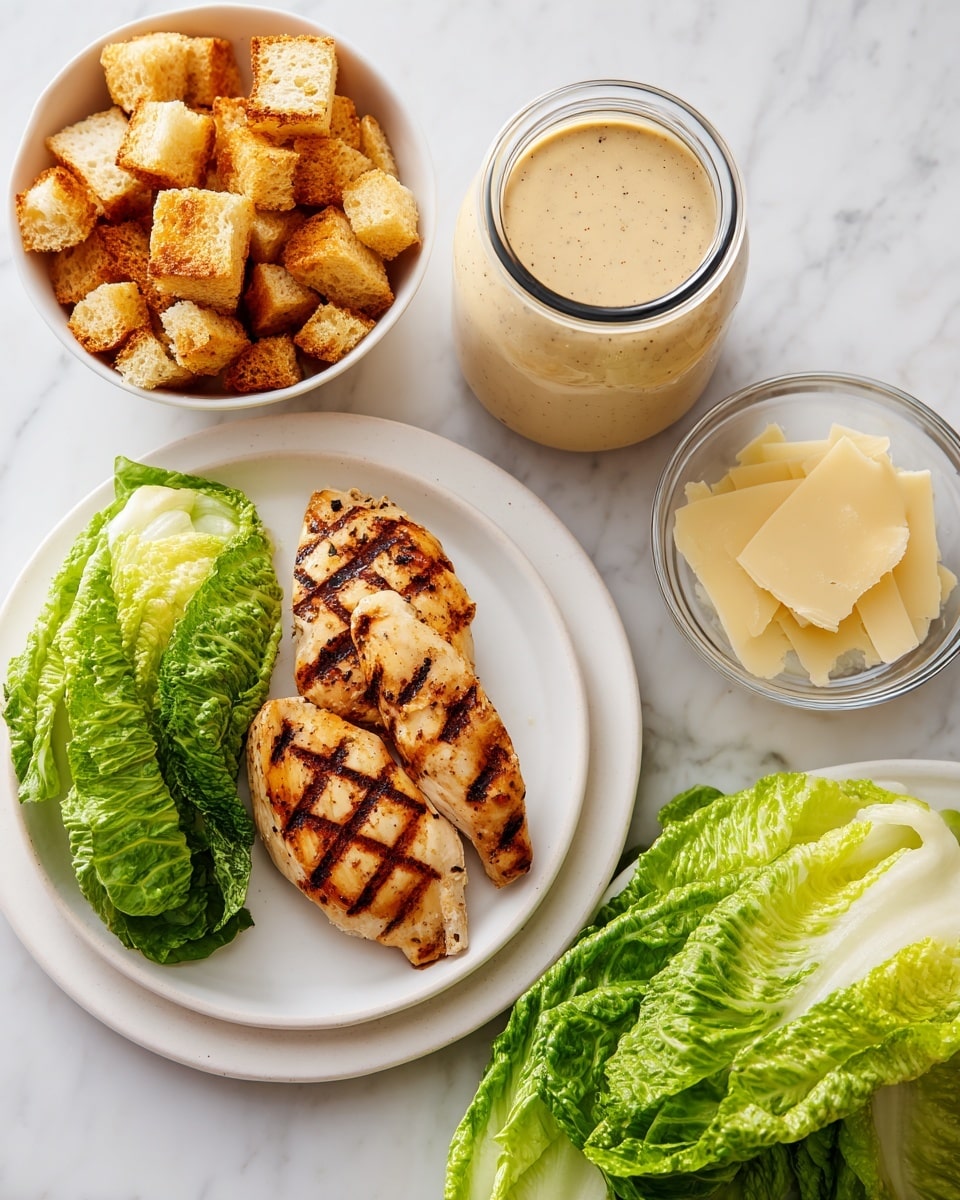 The image shows two grilled chicken pieces with grill marks on a white round plate on a white marbled surface, placed on the left side. Next to the plate, on the right side, there is a glass jar filled with creamy, light tan dressing, topped with a black lid beside it. Above the jar, there is a white bowl filled with golden brown croutons. To the right of the jar, a small clear glass bowl holds thin, pale yellow cheese slices. On the bottom right corner, fresh, bright green Romaine lettuce is stacked horizontally with leaves open and crisp. Photo taken with an iphone --ar 4:5 --v 7