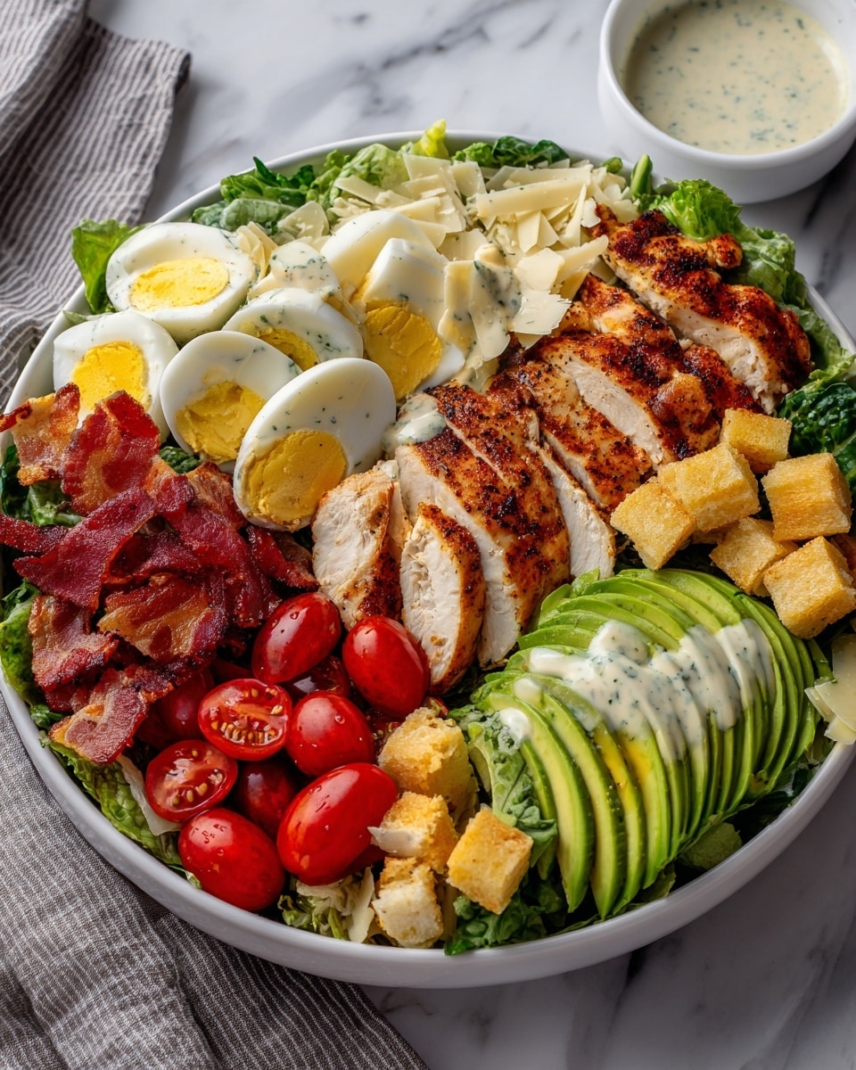 The dish is a colorful salad served in a white bowl placed on a white marbled surface. The salad has many layers, starting with a base of fresh green romaine lettuce leaves. On the right side, there are slices of avocado with a light green color, fanned out neatly. Next to the avocado, there are bright red cherry tomato halves scattered around. In the center, there are several slices of grilled chicken with a golden brown and slightly charred texture. Above the chicken, there are halved boiled eggs with white and yellow yolks. On the left side, more slices of avocado are arranged the same way as the right side. At the bottom left, pieces of crispy bacon with a reddish-brown color are placed. Throughout the salad, there are small yellow croutons and thin white shavings of cheese sprinkled. A creamy white dressing is drizzled lightly all over the salad. A small white bowl with more dressing sits in the top right corner on the white marbled surface. Photo taken with an iphone --ar 4:5 --v 7