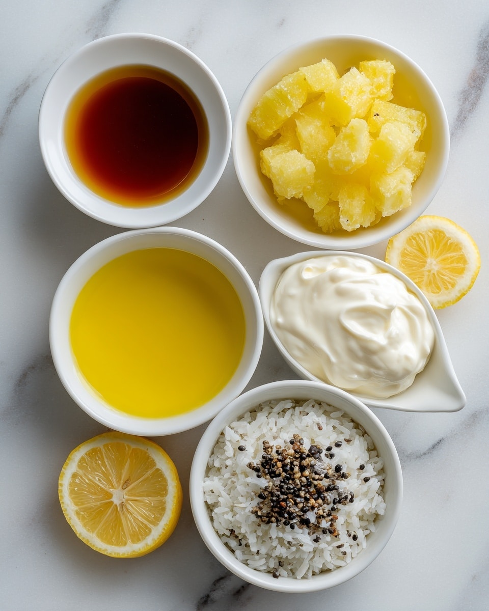 The image shows five white bowls arranged on a white marbled surface. At the top left is a bowl filled with a dark brown liquid, while the top right bowl contains bright yellow, chunky pieces of pineapple. In the center is a bowl with thick, creamy white yogurt. Below it to the left is a bowl of smooth, yellow liquid, likely melted butter or oil. To the right at the bottom is a bowl filled with a mixture of white rice and small black seeds or grains. Two lemon halves, one on each side of the central bowl, complete the arrangement. The photo taken with an iphone --ar 4:5 --v 7