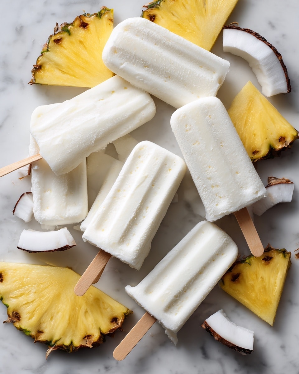 The image shows several white ice pops with wooden yellow sticks, lying on a white marbled surface. Around the ice pops, there are pieces of fresh pineapple with a yellow color and rough brown edges, along with white coconut pieces with dark brown edges. The ice pops have a smooth, creamy texture and are evenly spaced in a casual arrangement. The photo taken with an iphone --ar 4:5 --v 7