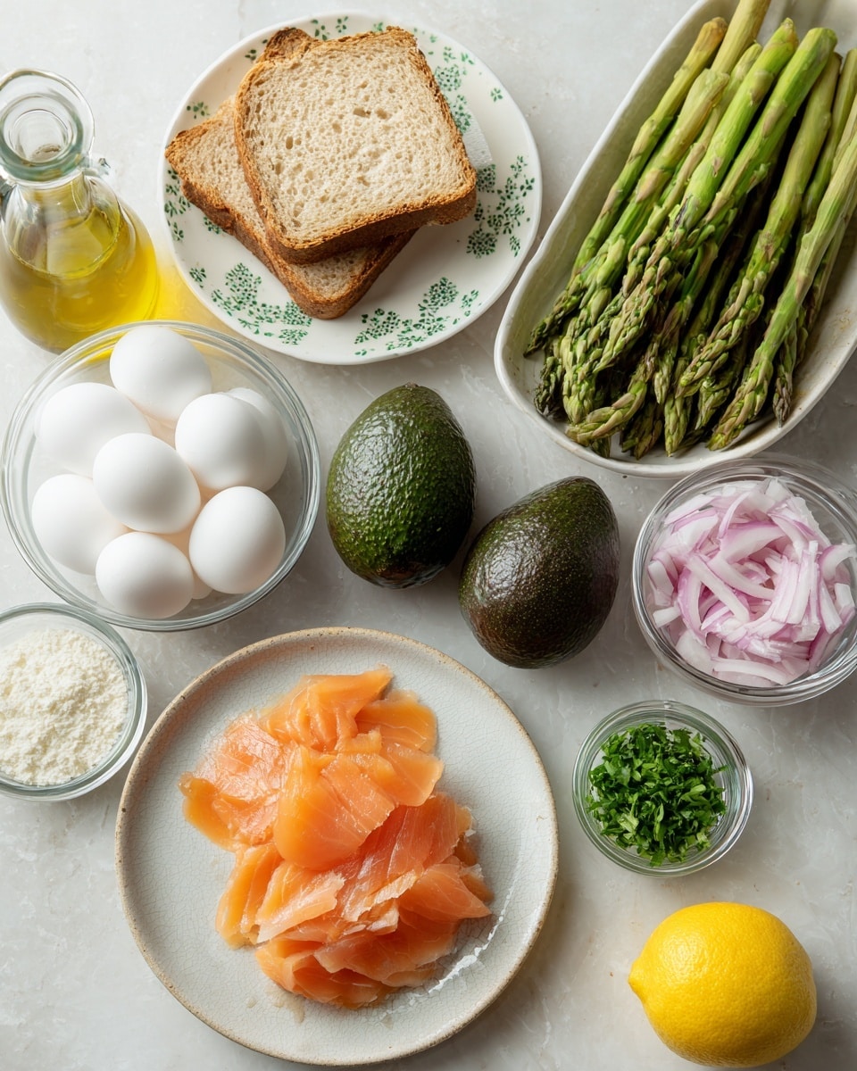 The image shows a white marbled surface with several ingredients neatly arranged. There are two slices of light brown bread on a white plate with green details, two whole dark green avocados placed in the center, and a white bowl filled with chopped green asparagus positioned to the right of the avocados. Below the avocados, there is a white plate holding thin, translucent orange slices of smoked salmon. Next to the plate with salmon, a clear glass bowl contains four white eggs. At the top left, there is a glass bottle filled with olive oil, and beside it, a round clear bowl with white powdery contents. To the right of the white powder, a small clear jar with pink and white pickled onions sits next to a tiny clear bowl with finely chopped green herbs. On the far right edge, one half of a bright yellow lemon is visible. Photo taken with an iphone --ar 4:5 --v 7