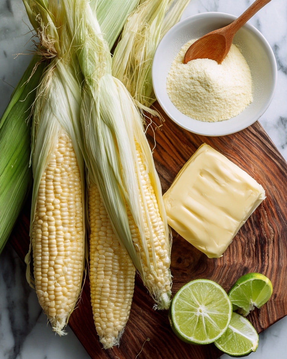 The image shows three ears of corn, two fully peeled to reveal light yellow kernels and one partially wrapped in pale green husks with some strands of silk visible. Next to the corn is a block of pale yellow butter resting on a dark wood surface with clear grain patterns. There is also a white bowl filled with bright red powder, with a wooden spoon resting inside it. Two lime halves with a bright green color and juicy texture are placed near the bowl. The background has a white marbled texture. photo taken with an iphone --ar 4:5 --v 7