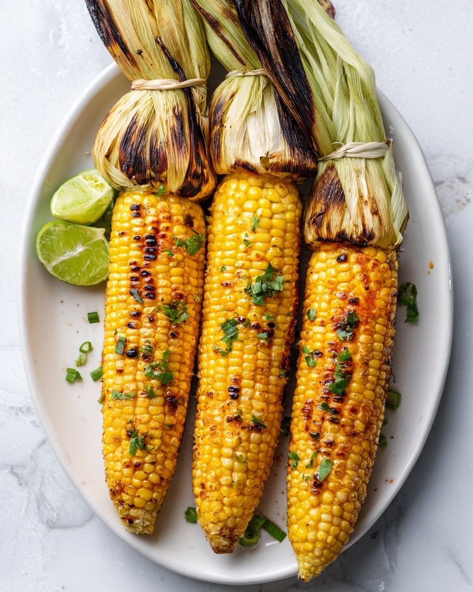 The image shows three grilled corn ears on a white oval plate set on a white marbled surface. Each corn is golden yellow with some dark grilled marks all over, and the husks are still attached but charred and tied at the top. Small bits of chopped green herbs are sprinkled over the corn. To the left side of the plate are two lime wedges adding a fresh green touch. The overall look is bright and fresh, with a mix of yellow, brown, and green colors. photo taken with an iphone --ar 4:5 --v 7