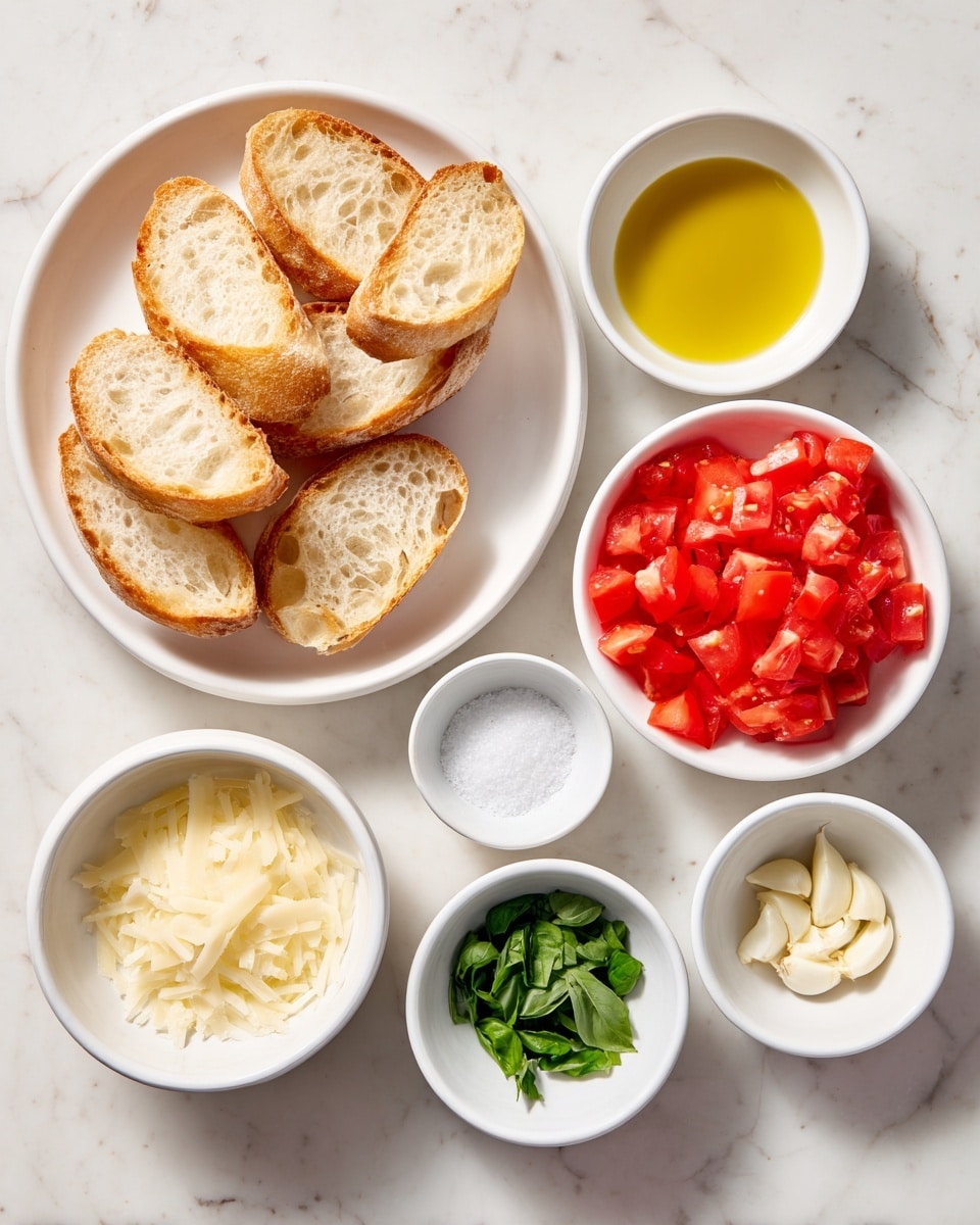 The image shows six white bowls and a white plate on a white marbled surface. The large white plate on the left holds several slices of lightly toasted baguette bread stacked in a slight fan shape. Above it is a small white bowl filled with golden olive oil, next to a tiny white bowl of coarse salt. To the right of the plate, a medium white bowl is filled with small, bright red diced tomatoes. Below it, a small white bowl contains pale yellow cheese shavings. Next to it, another small white bowl holds chopped fresh green basil leaves. At the far right, a very small white cup has finely minced garlic inside. All items are neatly arranged and well-lit, giving a fresh, simple look. Photo taken with an iphone --ar 4:5 --v 7