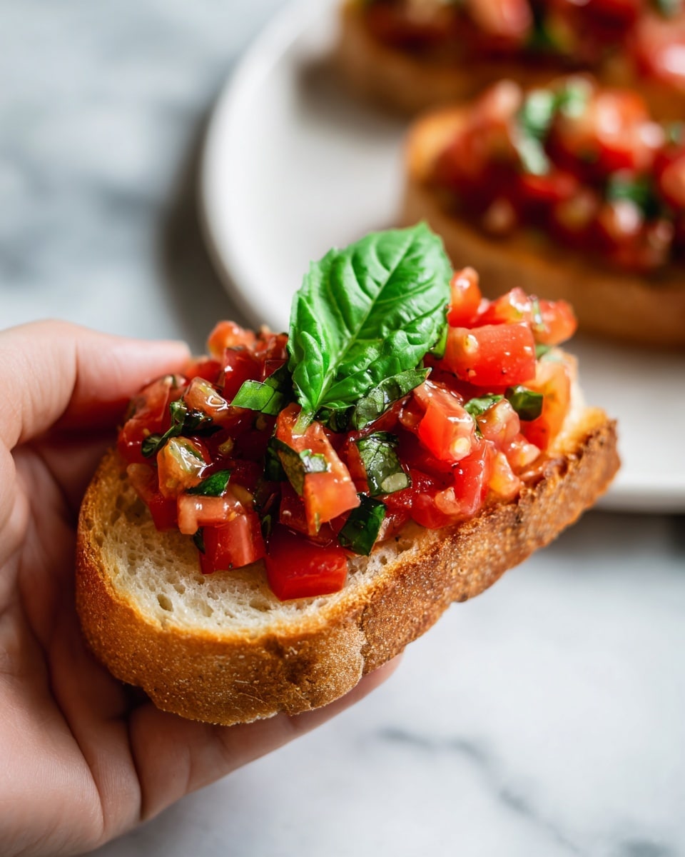 A woman's hand holds a slice of toasted bread as the base, with its light golden-brown crust and soft, slightly textured white interior. On top, there are bright red tomato chunks mixed with small pieces of fresh dark green basil leaves, creating a colorful contrast. A large fresh basil leaf sits neatly on top as garnish. The background features a white marbled surface and a white plate with similar tomato and basil mixtures blurred in the distance. Photo taken with an iphone --ar 4:5 --v 7