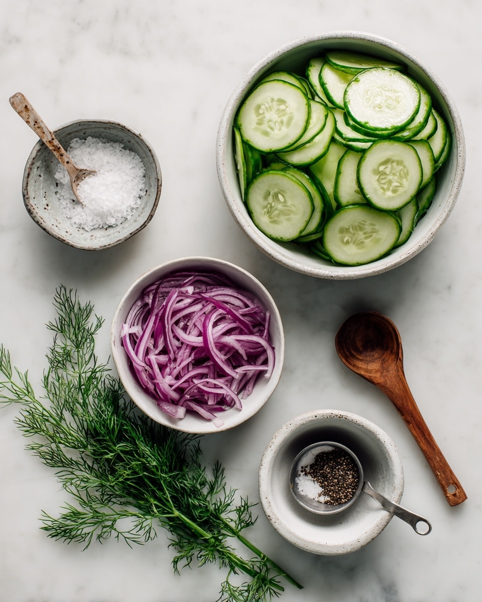 The image shows an overhead view of neatly arranged ingredients on a white marbled surface. In the top right, there is a white bowl filled with thinly sliced green cucumbers stacked in layers showing their fresh, smooth texture and light green centers with seeds. Below it, a smaller white bowl contains thin strands of purple-red onions, slightly curved and layered. To the left side, there is a small rustic container holding white salt, beside which lies a wooden spoon filled with more salt. Below the spoon, there are fresh green dill sprigs laid out with feathery leaves. On the lower right of the salt container, a small metal measuring spoon filled with black pepper is positioned next to another empty white bowl. The clean and fresh ingredients are spread out in a tidy and orderly way. Photo taken with an iphone --ar 4:5 --v 7