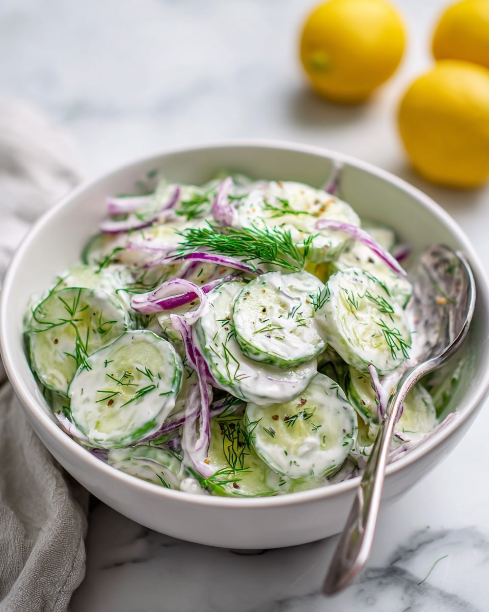 A white bowl filled with a creamy cucumber salad sits on a white marbled surface. The salad has thin, round slices of light green cucumber layered throughout, mixed with thin strands of purple onion. The creamy dressing is white and thick, coating each piece evenly. Green dill sprigs are scattered on top and mixed in, adding texture and color contrast. A silver spoon rests inside the bowl, angled slightly on the right side. Two bright yellow lemons sit blurred in the background. Photo taken with an iphone --ar 4:5 --v 7