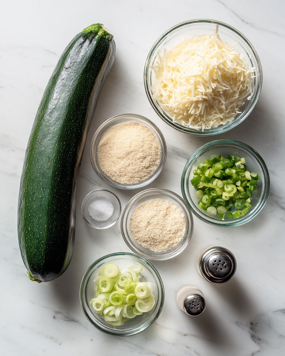 A large dark green zucchini lies on a white marbled surface, surrounded by six small clear glass bowls arranged on the right side and below it. The top right bowl contains shredded white cheese, below it is a bowl filled with light beige breadcrumbs, then a small bowl of salt with a white powder next to it, another bowl with some finely chopped white onions, and a smallest bowl with finely sliced green onions near the center. A small clear pepper grinder stands near the bottom right. The setup gives a neat and clean look, ready for cooking. Photo taken with an iphone --ar 4:5 --v 7
