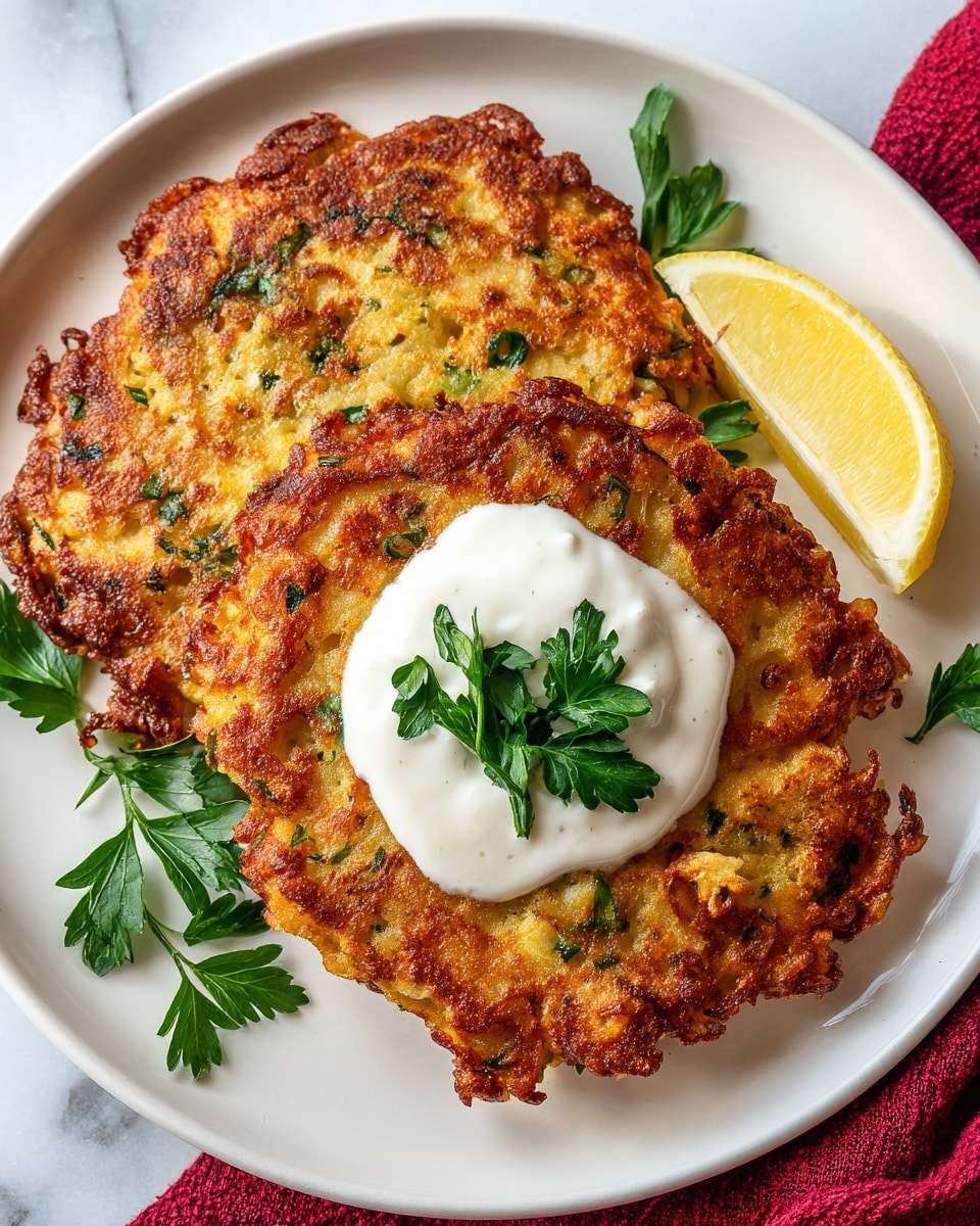 The image shows two golden-brown fritters with a rough, crispy texture, scattered with green bits of herbs and veggies. On top of the front fritter, there is a dollop of smooth white sauce with a small bunch of fresh curly parsley placed in the center. To the right side of the fritters, there is a wedge of yellow lemon. The food is arranged on a plain white plate, set on a white marbled surface with a touch of red cloth under the plate. Photo taken with an iphone --ar 4:5 --v 7