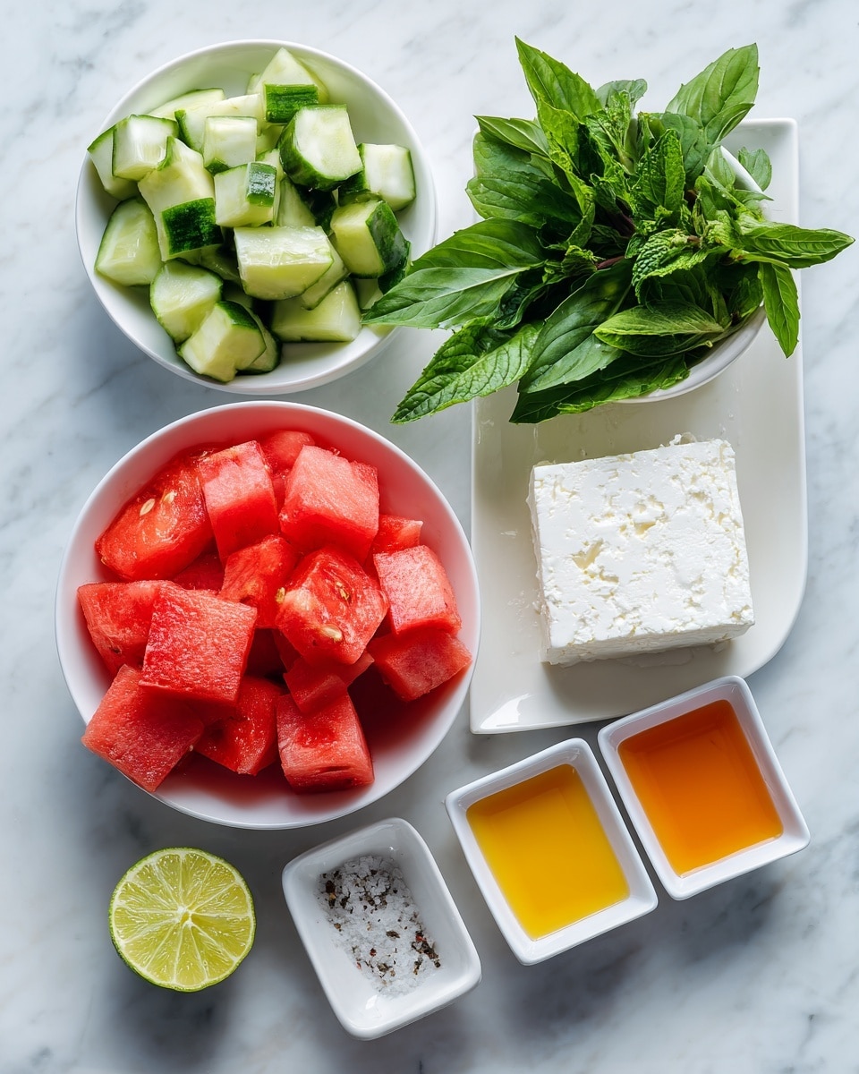 The image shows several small white bowls on a white marbled surface. One bowl is filled with bright red watermelon cubes, another with light green cucumber pieces, and a third with fresh green basil and mint leaves. There is a flat white plate holding a white block of feta cheese. Next to them are three small white square dishes with golden olive oil, orange honey, and salt. A halved lime with a pale yellow center is also placed near the dishes. All items are neatly arranged and clearly visible. photo taken with an iphone --ar 4:5 --v 7