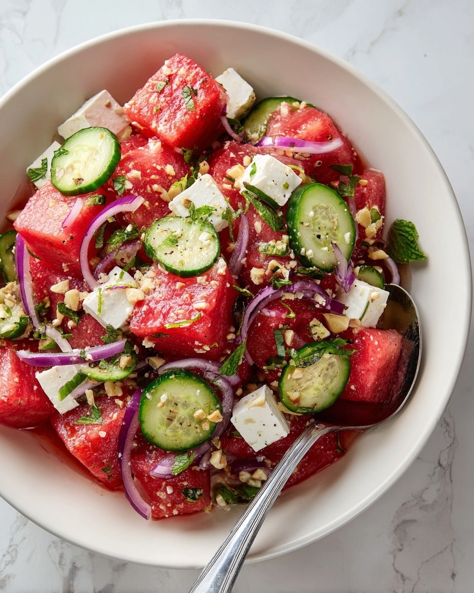 The image shows a white round bowl filled with a colorful watermelon salad on a white marbled surface. The salad is made of large red watermelon cubes mixed with white cheese cubes, thin slices of green cucumbers, and thin strips of purple onions. The salad is garnished with chopped green herbs and small pieces of nuts or seeds scattered on top. A silver spoon is placed on the right side inside the bowl. The overall look is fresh and vibrant, with a mix of juicy, soft, and crunchy textures. Photo taken with an iphone --ar 4:5 --v 7