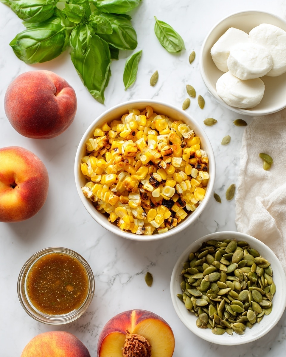 The image shows a white bowl filled with grilled corn pieces, placed at the center on a white marbled surface. Around it, there are three whole peaches with red and orange skin on the upper left side, next to a small bunch of fresh green basil leaves. To the upper right of the corn bowl, there is a white bowl holding two white round cheese pieces. Below the corn bowl, there is a small clear glass bowl with a brown sauce and a white bowl filled with green pumpkin seeds, both placed on the white marbled surface. photo taken with an iphone --ar 4:5 --v 7