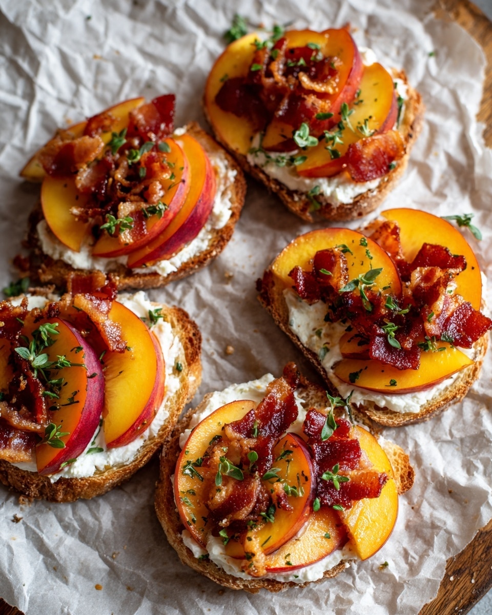 The image shows five small open-faced toasts placed on crumpled parchment paper with a white marbled background. Each toast is topped with a creamy white layer of spread, followed by bright orange and red peach slices arranged loosely on top. Crispy bacon pieces with a reddish-brown color are scattered over the peaches. Small green herb leaves are sprinkled lightly across the toasts and the parchment. A woman's hand is reaching from the top left corner, holding one piece of toast. The overall look is warm and inviting. photo taken with an iphone --ar 4:5 --v 7