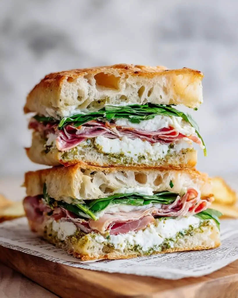 Focaccia Sandwich with Deli Meats, Pesto Mayo, and Fresh Vegetables Recipe