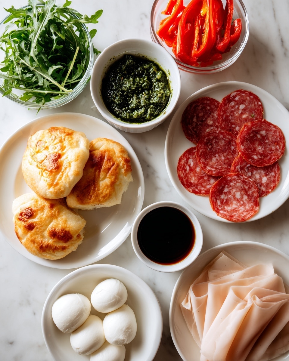This image shows a top view of several white dishes filled with different sandwich ingredients on a white marbled surface. At the center is a white plate with two pieces of golden-brown focaccia bread that looks soft and slightly puffy. Above it, there is a small white bowl filled with dark green pesto sauce, and next to it, a white plate with shiny, bright red roasted pepper strips layered closely together. To the right, a white plate holds thin round slices of pinkish-red salami arranged in a neat pile. Below this is a small cup with dark balsamic vinegar. At the bottom right, a white plate has thin, smooth layers of pale pink deli turkey fanned out. On the bottom left, a small white dish contains two soft white mozzarella balls. Above this is a clear glass bowl with several bright red tomato slices stacked. At the top left, a clear bowl is filled with a small bunch of fresh, green arugula leaves. photo taken with an iphone --ar 4:5 --v 7