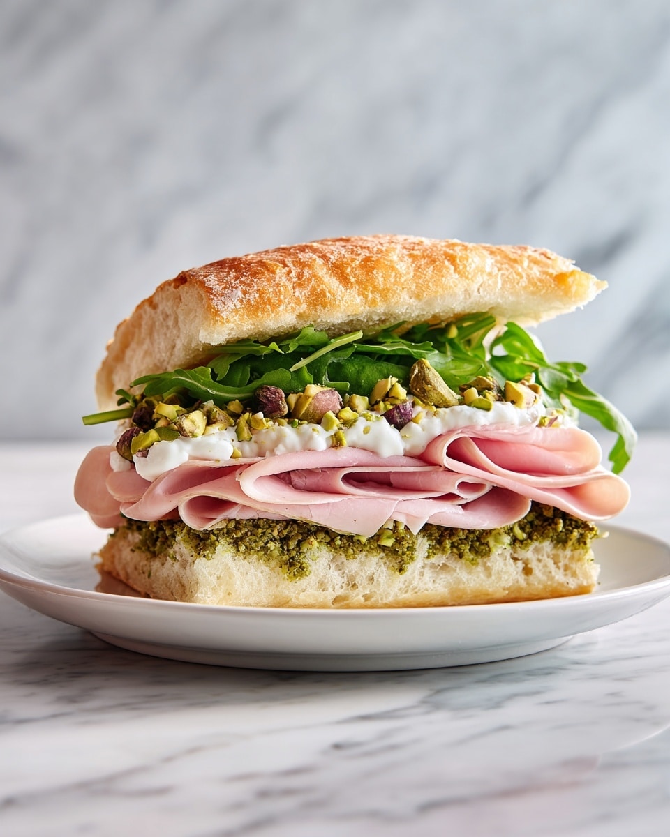 The image shows a sandwich with three main layers inside white focaccia bread, which has a golden, slightly crispy top texture. The bottom layer consists of a green spread mixed with some small pieces of nuts, adding a rough texture. Above this layer, there is a bed of fresh, dark green arugula leaves topped by thin slices of light pink deli meat folded softly. On top of the meat, there is a creamy white sauce sprinkled with chopped pistachios, adding a crunchy texture. The sandwich is placed on a round white plate on a white marbled surface. Photo taken with an iphone --ar 4:5 --v 7