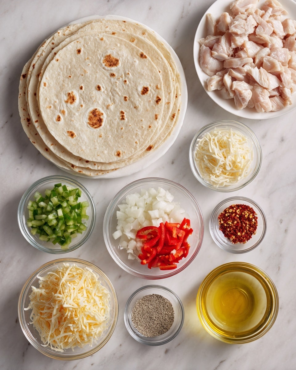 The image shows a top view of various ingredients arranged neatly on a white marbled surface. There is a stack of light beige tortillas with small brown spots near the center-right. To the right of the tortillas is a white plate filled with small, raw, pale pink pieces of chicken. Around these main items are eight small clear glass bowls containing different ingredients: one bowl with shredded yellow cheese, one with chopped green bell pepper, one with chopped white onion, one with finely chopped red bell pepper, one with shredded white cheese, one with a grayish-brown spice powder, one with small red chili flakes, and one with a light yellow liquid, possibly oil. The ingredients are spaced evenly, showing clear textures and colors. photo taken with an iphone --ar 4:5 --v 7