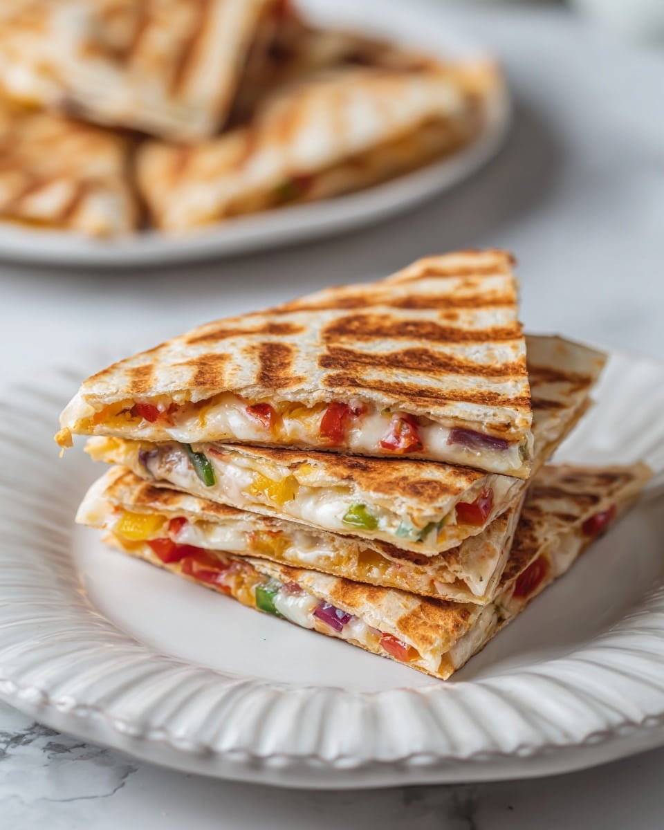 There are four triangular grilled quesadilla pieces stacked on a white plate with a wavy edge. Each piece shows layers of golden brown grilled tortillas with visible stripes from the grill and a filling of melted white-yellow cheese mixed with red, green, and purple vegetable bits. The edges of the quesadillas are slightly crisp and browned. In the background, blurred, there is another white plate full of more grilled quesadilla slices on a white marbled surface. Photo taken with an iphone --ar 4:5 --v 7