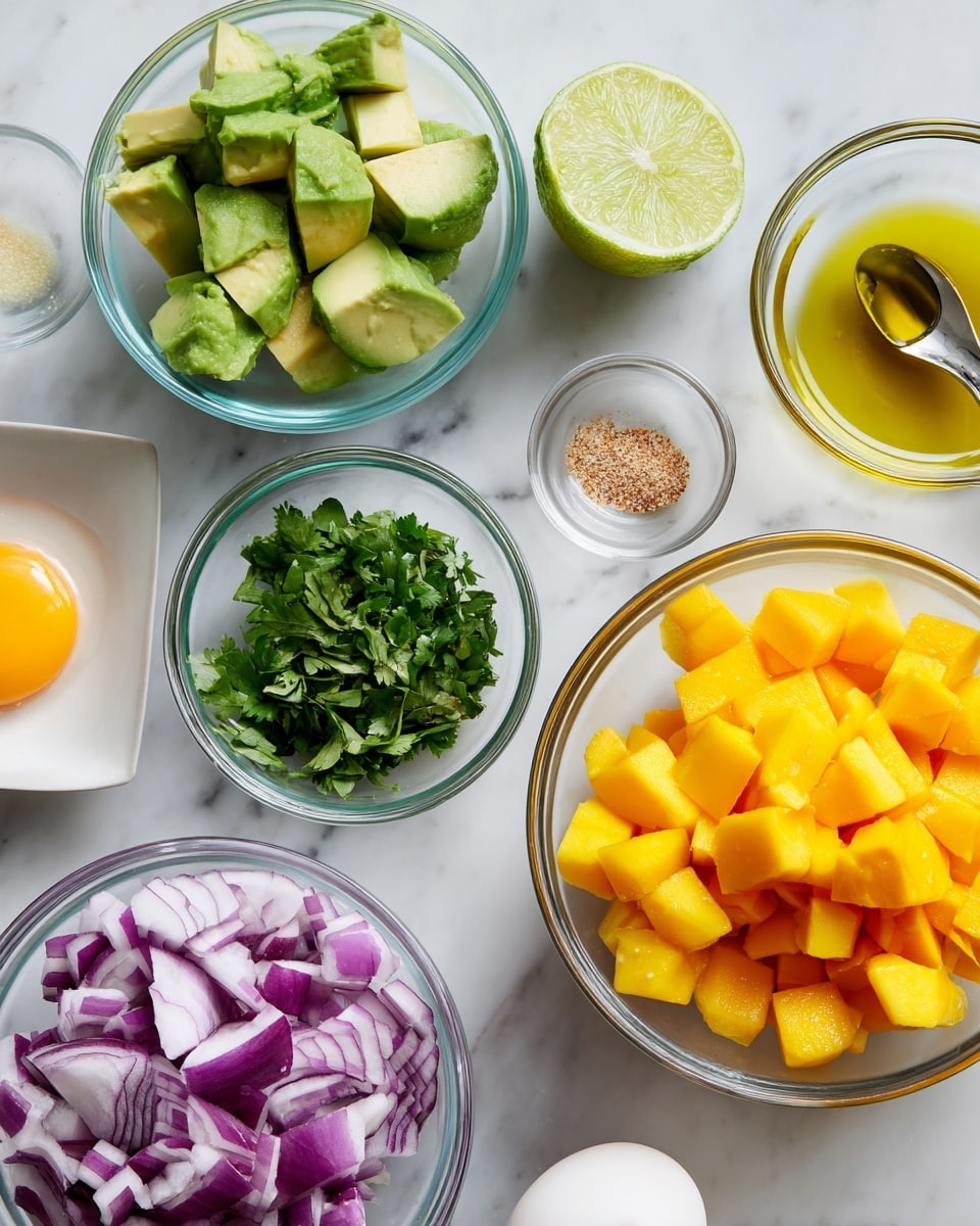 The image shows several small clear glass bowls placed on a white marbled surface. In the top left bowl, there are chunks of green avocado with a smooth texture. To the right of it, a half-cut lime with a bright yellow-green color lies flat. Below the lime, a small bowl holds finely chopped fresh green cilantro leaves. On the bottom right, there is a bowl filled with small pieces of pale purple-red onion. Below and to the left of the onion bowl, a larger bowl is filled with bright orange-yellow mango pieces in small cubes. At the top center, there is a small bowl of light brown seasoning, and next to it, a clear glass bowl with a silver spoon containing yellow oil. A single white egg is also placed in the middle near the olive oil bowl. The bright colors and fresh textures of the ingredients are clearly visible. Photo taken with an iphone --ar 4:5 --v 7