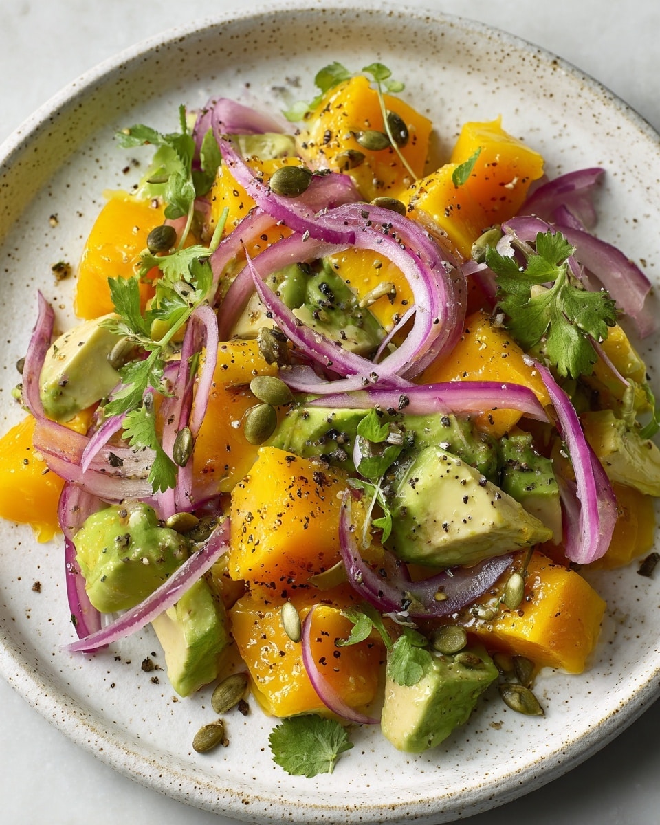 This image shows a fresh salad on a white speckled plate with a white marbled background. The salad has three main layers: bright orange mango cubes, pale green avocado chunks with a creamy texture, and thin rings of purple-red onion scattered on top. Mixed with these are small flat dark green pumpkin seeds and chopped fresh cilantro leaves adding touches of green throughout. The salad is lightly sprinkled with black pepper that adds small dark specks over the colorful ingredients, giving a fresh and vibrant look. photo taken with an iphone --ar 4:5 --v 7