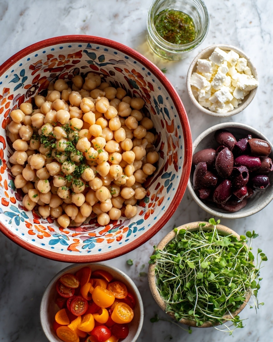 A large white bowl with a red rim and small orange and blue flower designs is filled with round light beige chickpeas. Around it, there are five small white bowls: one has orange bell pepper pieces, another has halved orange cherry tomatoes, one holds dark sliced olives, another contains white crumbled cheese, and the last is filled with green leafy microgreens. Near the bowls is a small clear glass cup with greenish herb dressing. All bowls and ingredients are set on a white marbled surface. photo taken with an iphone --ar 4:5 --v 7