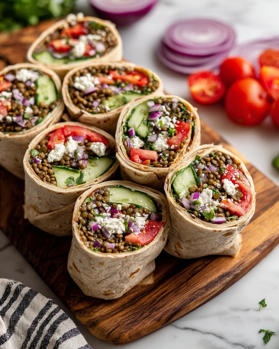 The image shows a close-up view of seven sliced wraps arranged closely on a wooden board, each revealing colorful layers inside. Each wrap has a soft, light beige tortilla exterior holding layers including pale yellow lentils, dark green cucumber slices, bright red tomato pieces, and crumbled white cheese mixed with small bits of purple onion and fresh green herbs scattered throughout. The textures vary from the smooth cucumbers and juicy tomatoes to the crumbly cheese and soft lentils, all standing out against the tortilla. The background includes a white marbled surface with whole tomatoes and a purple onion slice nearby, along with a striped cloth partially visible, creating a fresh and vibrant setting. Photo taken with an iphone --ar 4:5 --v 7