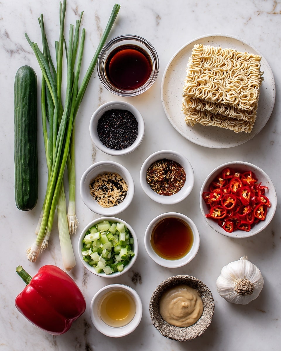 The image shows a flat lay of various ingredients for a dish placed on a white marbled surface. At the top right, there are three dry, light brown blocks of instant noodles stacked on a white round plate. To the left, there is a small clear glass bowl filled with a dark reddish-brown liquid. Below it, a white bowl holds three types of spices — black sesame seeds, red chili flakes, and black pepper powder forming three sections. Fresh green onions with long green stalks and white bulbs lie horizontally towards the center. On the left side, a long, whole dark green cucumber is placed vertically next to a white bowl filled with small diced light green cucumber pieces. Below the cucumber bowl, there is a white bowl with bright red chopped peppers and at the bottom right corner, a whole red bell pepper rests on the surface. To the right of the green onions, there are three white bowls arranged vertically, holding a dark sauce, a red sauce, and fresh chopped green onions. Near the bottom center is a small clear glass bowl with a light amber-colored liquid. At the bottom right, a small textured bowl holds a light brown paste-like ingredient and next to it is a small bowl with a creamy beige sauce. A single garlic bulb sits near the spices. The composition is clean and neat, with the bright colors of fresh veggies contrasting with the neutral tones of sauces and spices. Photo taken with an iphone --ar 4:5 --v 7