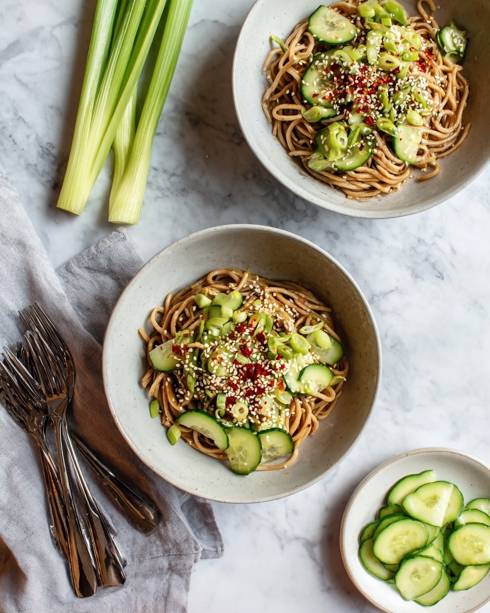Two white bowls of noodles are placed on a white marbled surface. Each bowl has a base layer of thick, light brown noodles mixed with sauce, topped with thin, semi-transparent cucumber slices scattered evenly. On top of the cucumbers and noodles, there is a sprinkle of white sesame seeds and tiny red chili flakes adding texture and color contrast. To the left, a folded light gray cloth napkin holds several shiny silver forks. At the top left corner, a few green celery stalks add fresh green color, and at the bottom right, a small white plate holds thin cucumber slices. Photo taken with an iphone --ar 4:5 --v 7